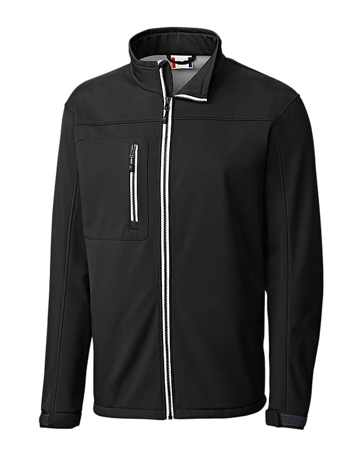 A black softshell jacket featuring a zippered front, pockets, and a collar. It has a logo on the chest.