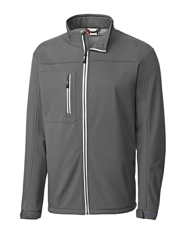 A men's softshell jacket in grey with a zippered chest pocket and a logo. Features a stand-up collar and full zip.