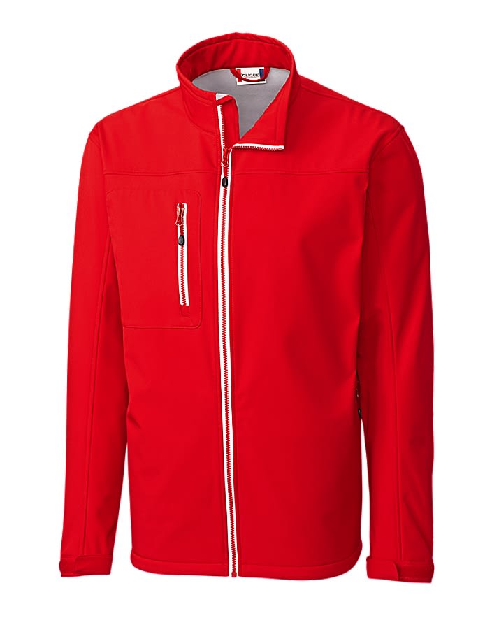 A red softshell jacket with a high collar and zippered pockets, featuring a logo on the breast.