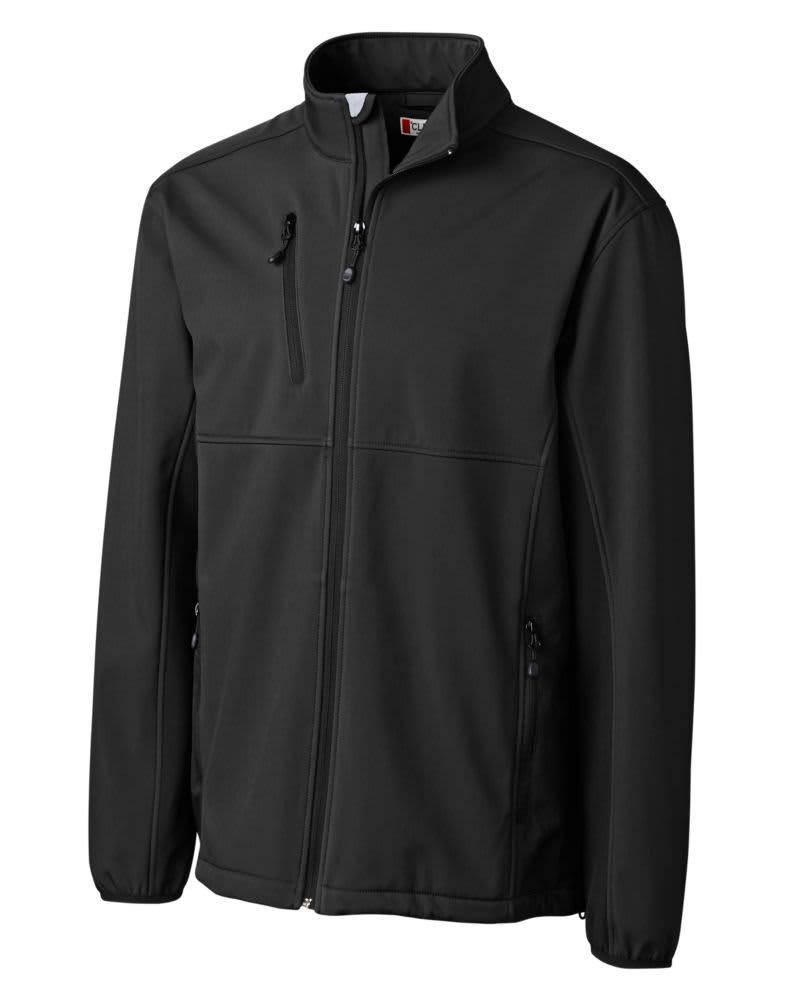 A black softshell jacket with a collar, featuring zippered pockets and a logo.