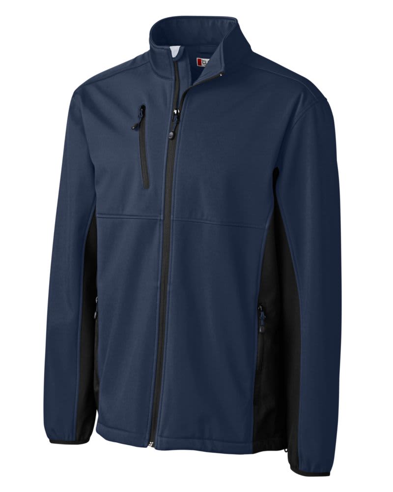 Men's softshell jacket in navy blue with black accents, featuring a zippered front and multiple pockets.