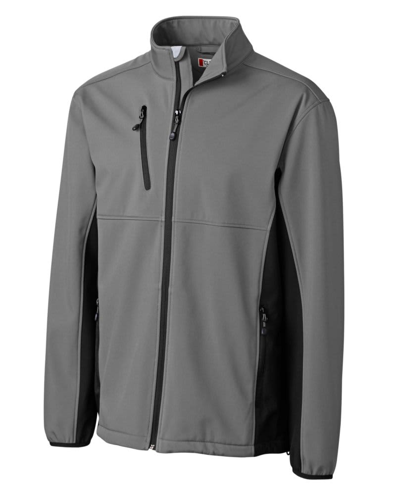 A softshell jacket in grey with black sections, featuring zip pockets and a collar. Logo visible.