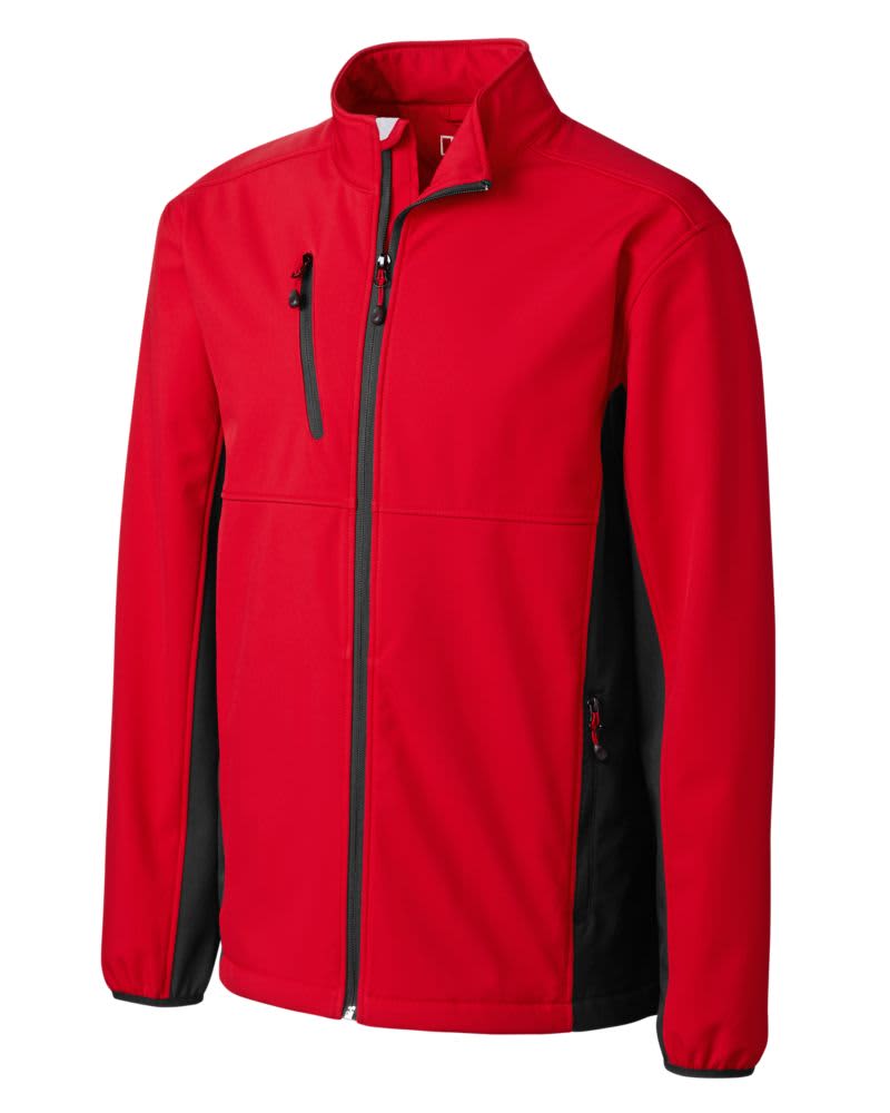 A red and black softshell jacket featuring multiple zippered pockets and a high collar, with a logo present.