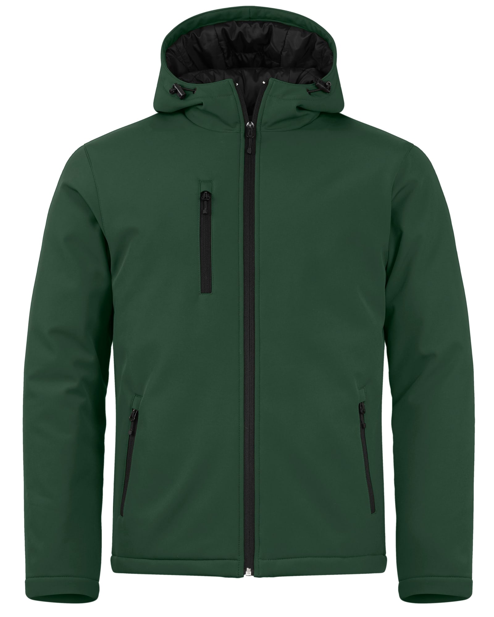 A green men's softshell jacket with a hood, featuring zippered pockets and a black lining.