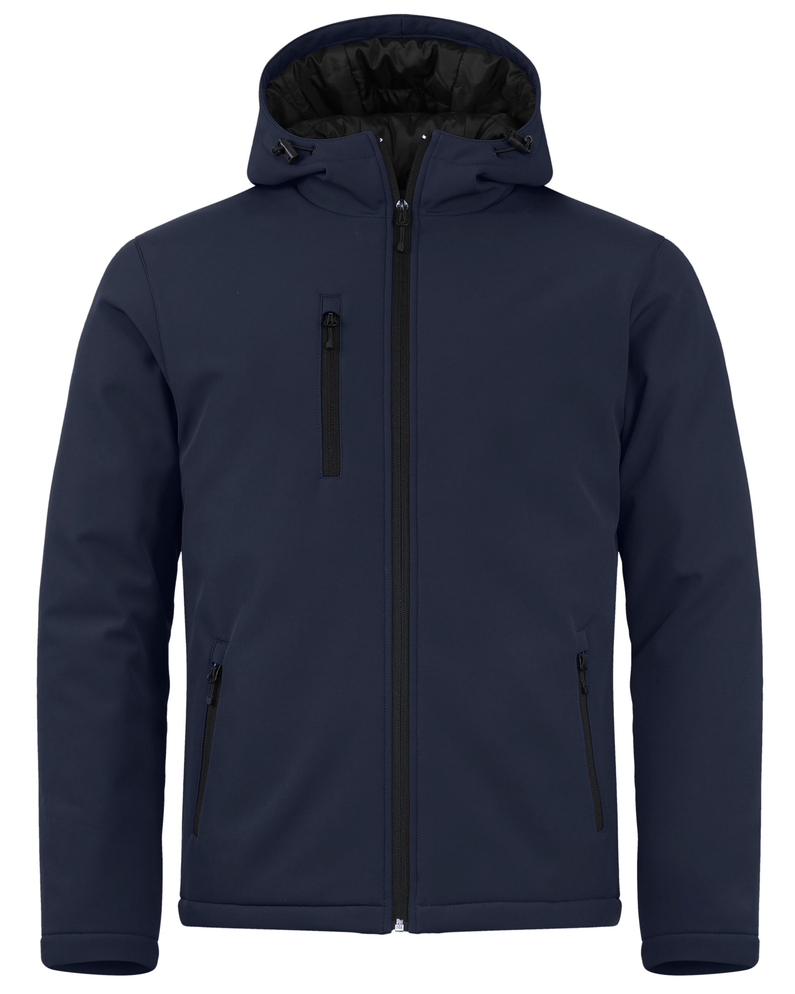 A navy blue men's softshell jacket with a hood, featuring zippered pockets and a logo.