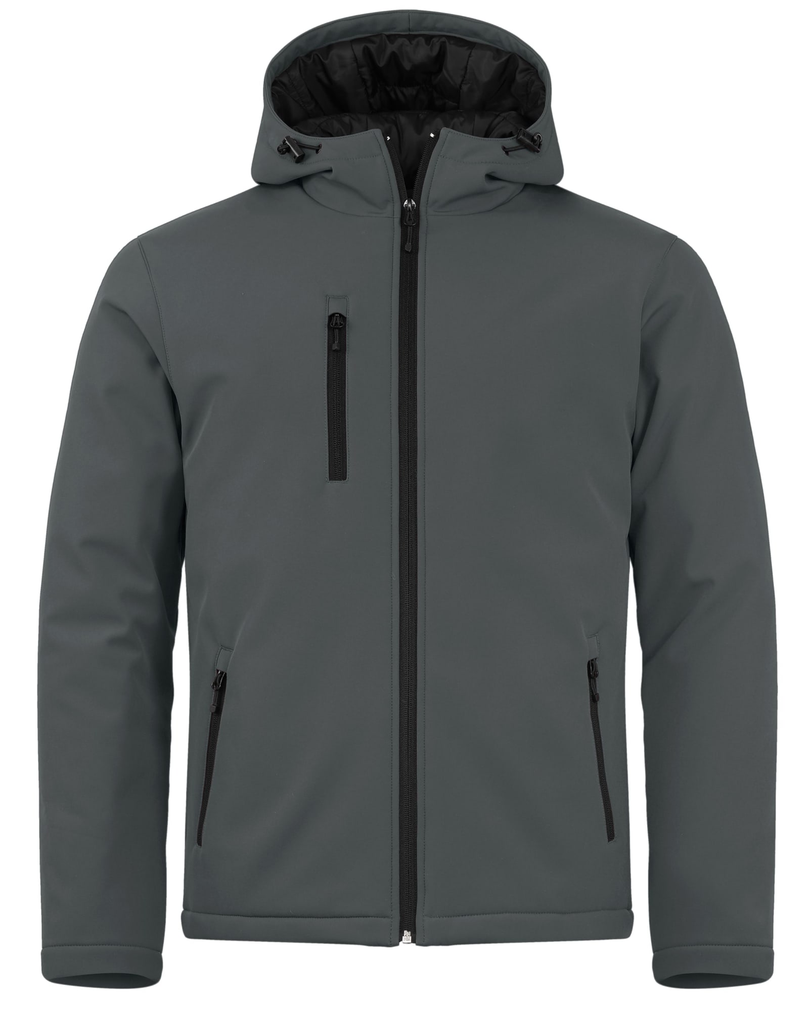 A men's softshell jacket in a muted green colour, featuring a hood and zippered pockets. It has a logo on it.