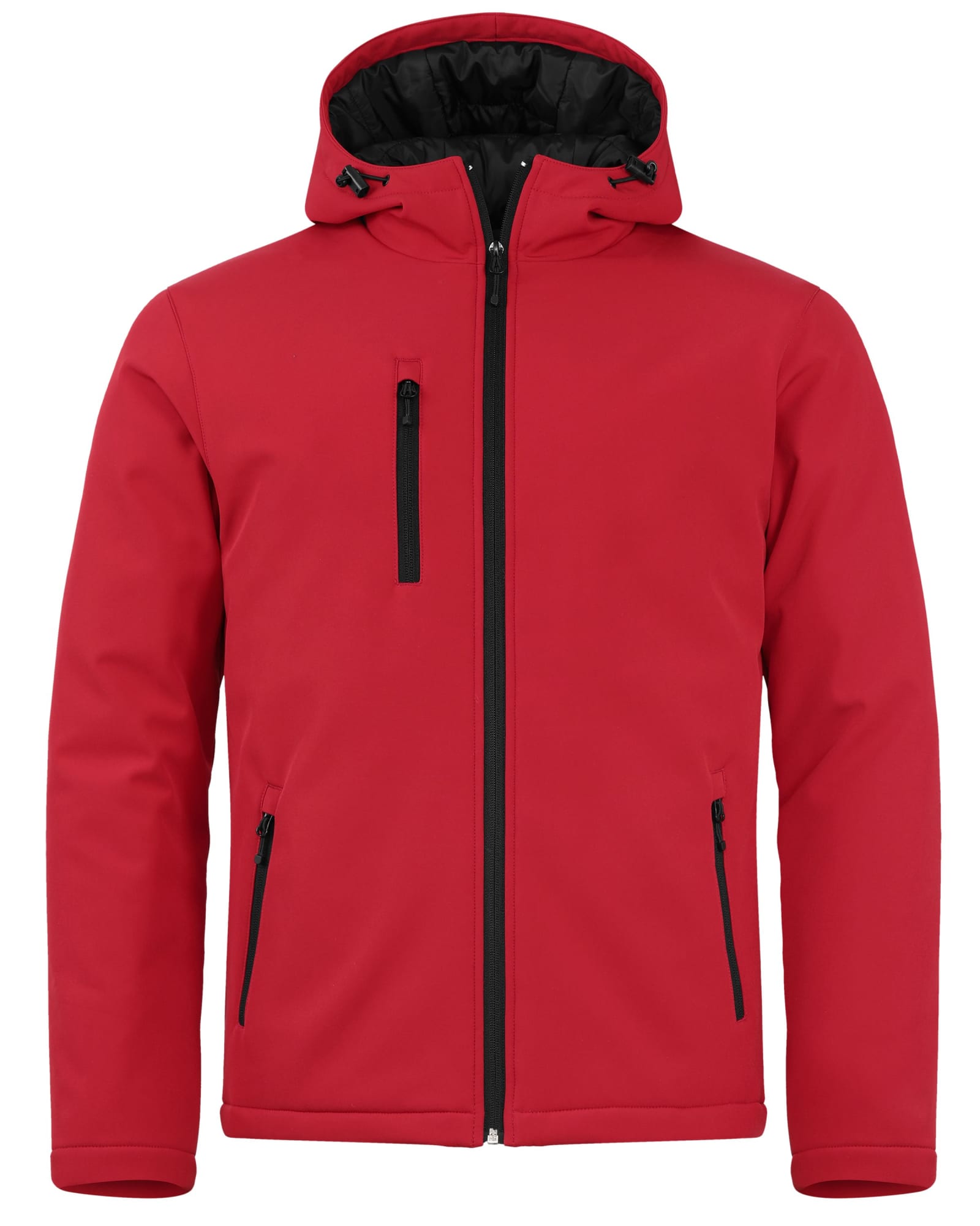 A red men's softshell jacket featuring a hood and multiple zippered pockets. It has a logo on the front.