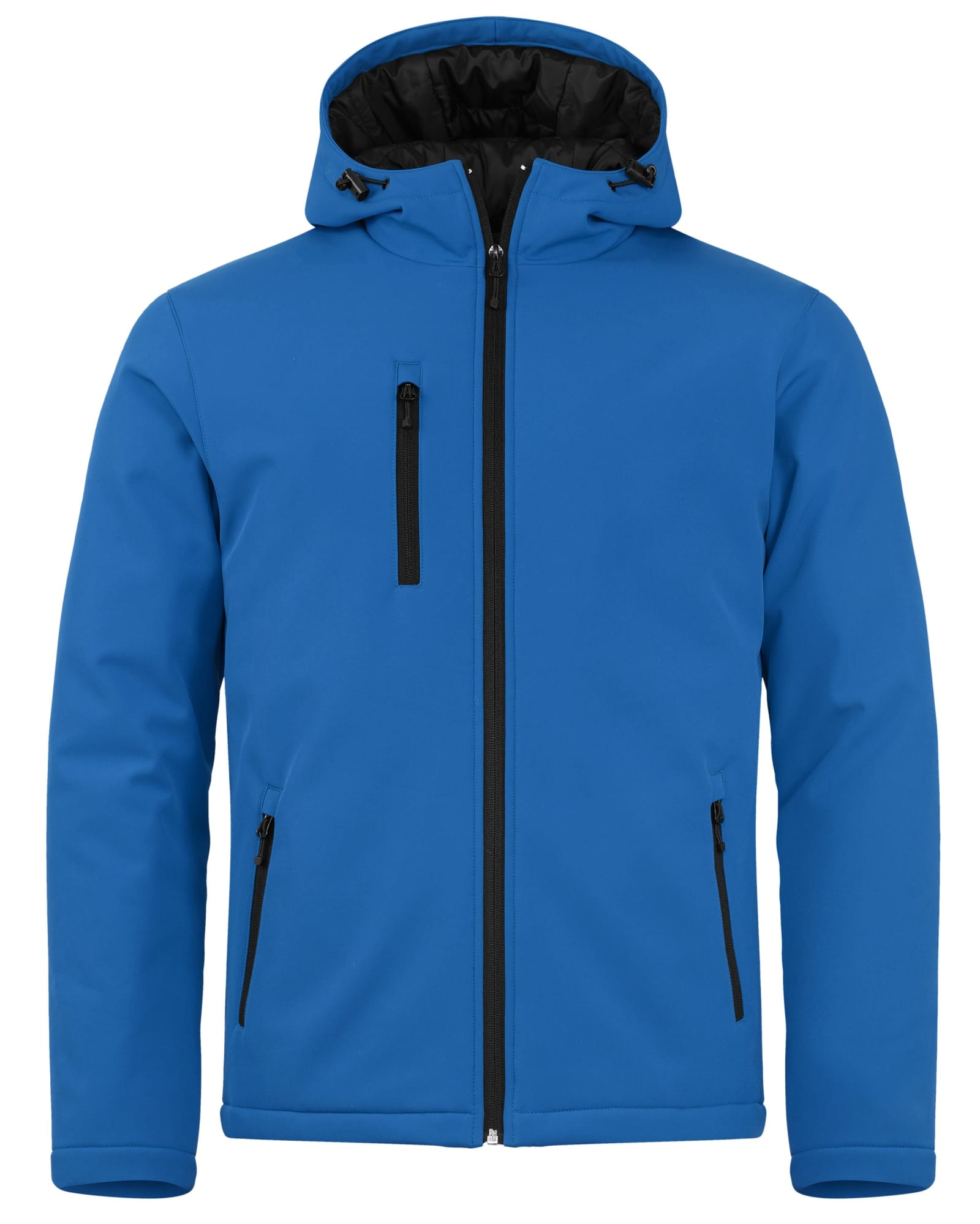 A blue men's softshell jacket featuring a hood and zippered pockets, with a logo on the front.