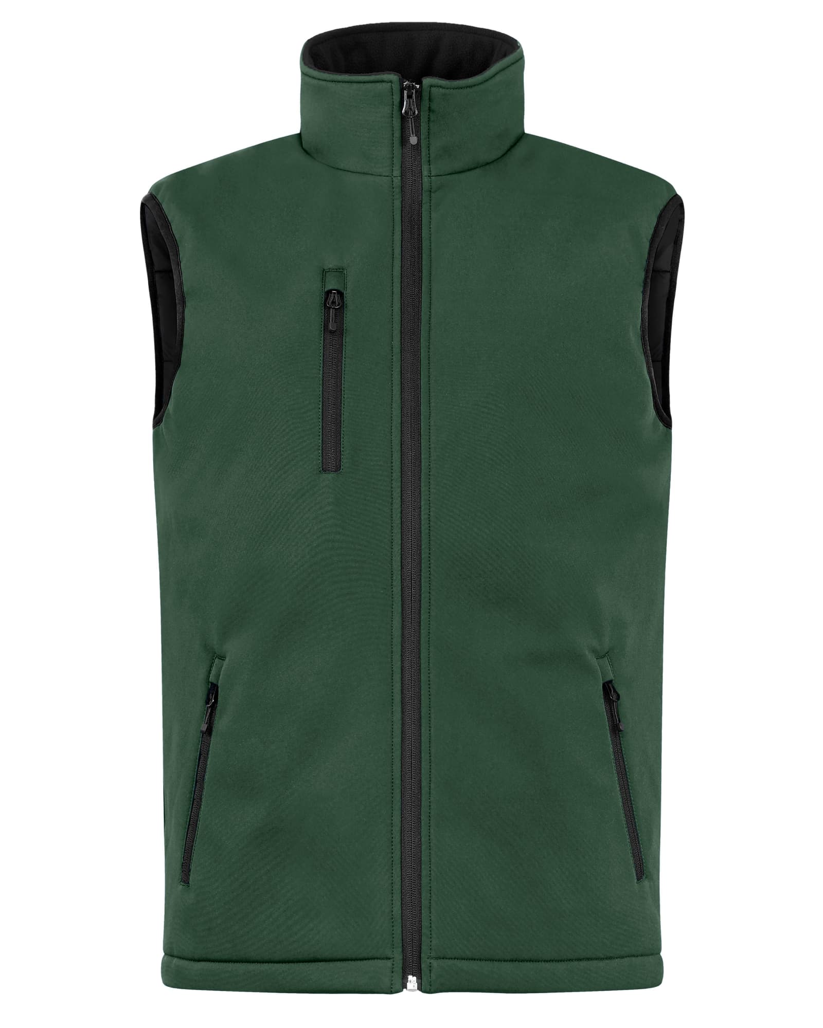 A green men's softshell vest with a zip front and two side pockets, featuring a black interior.