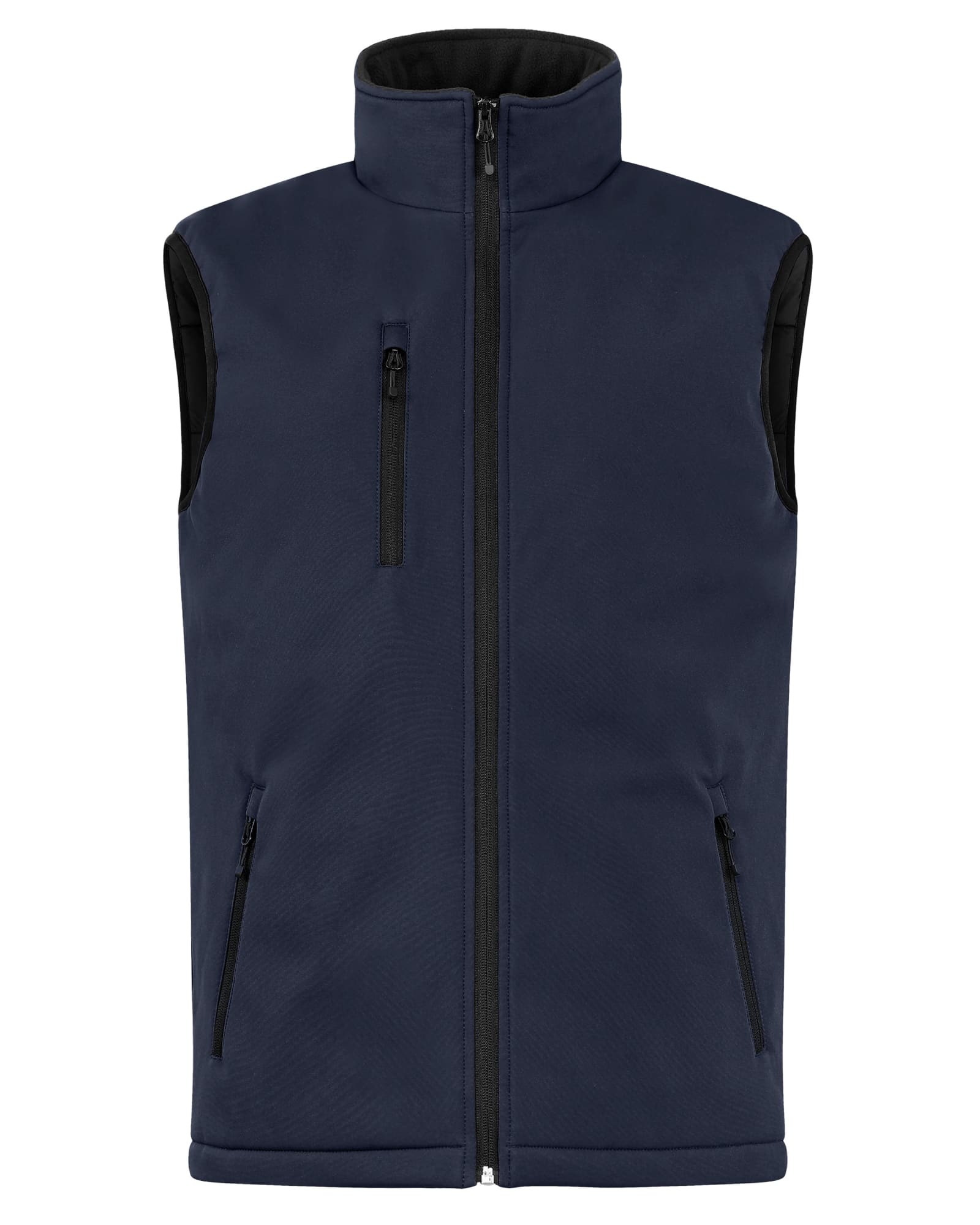 A navy blue men's softshell vest with a zippered front and two zippered side pockets. The vest has a logo.