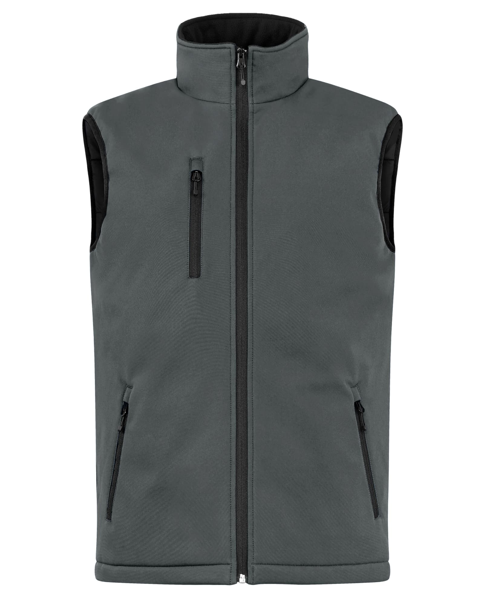 A men's softshell vest in a dark grey colour, featuring a zip front and three zippered pockets.