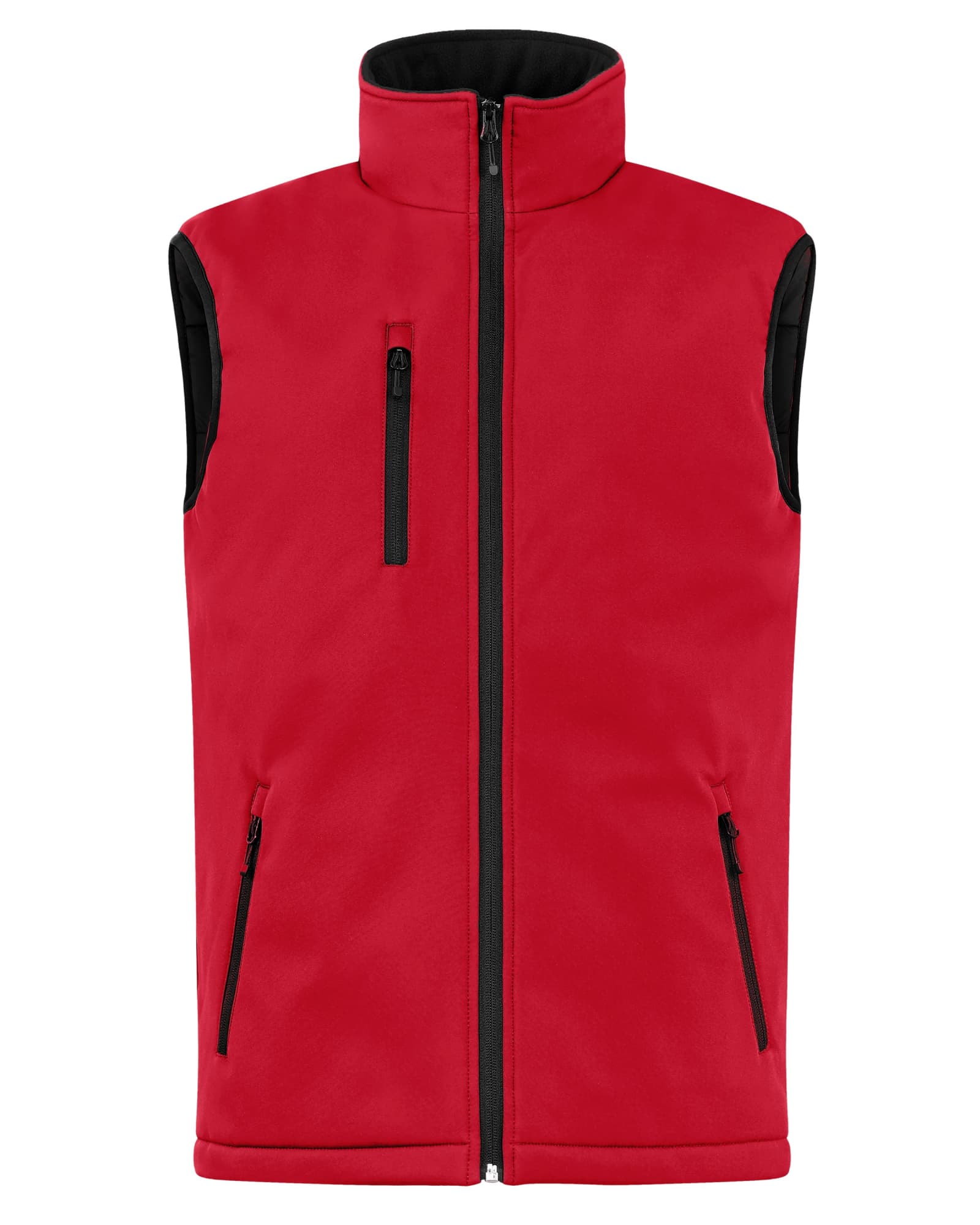 A red softshell vest featuring a high collar and multiple zip pockets. It has a logo on it.