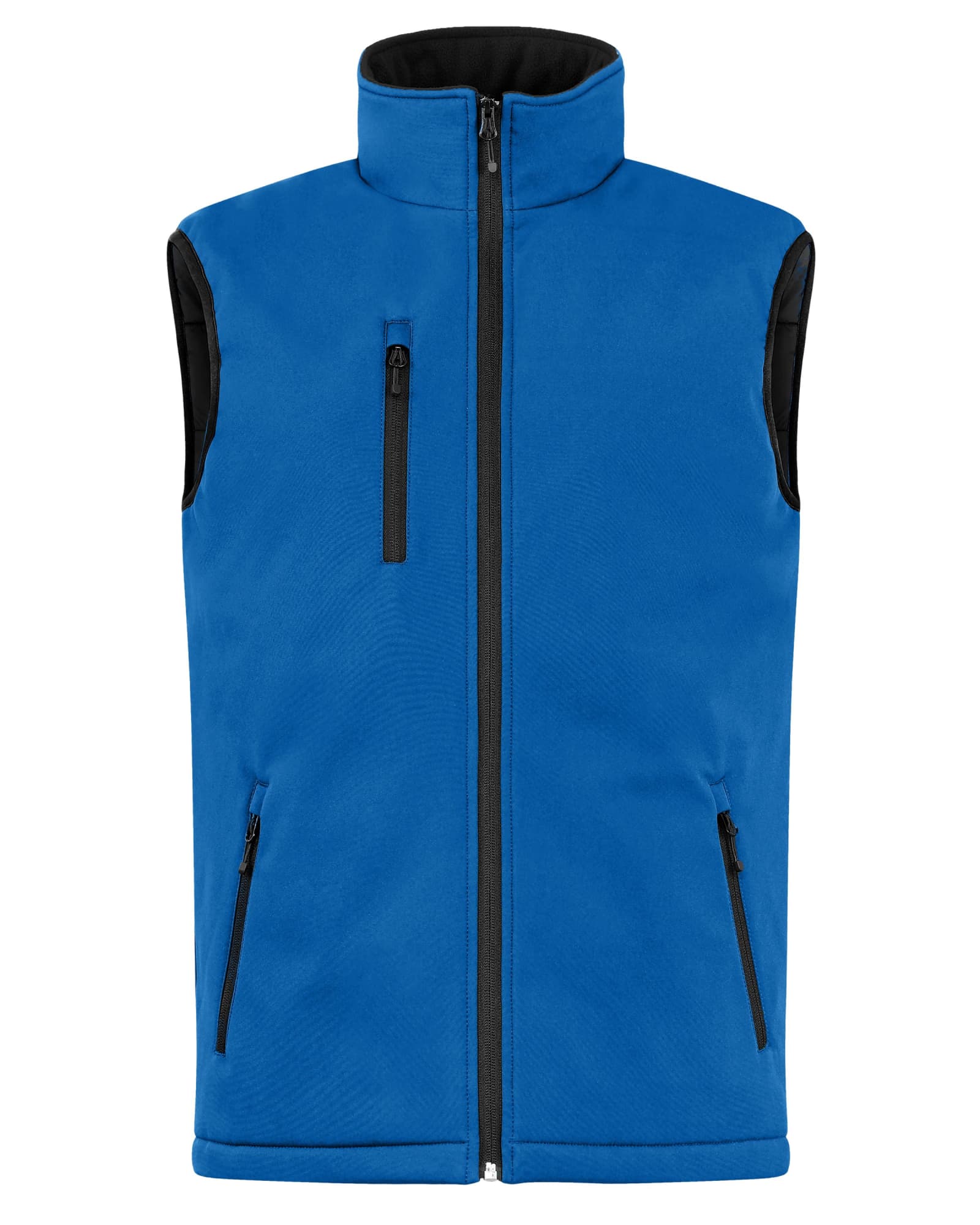 A blue men's soft shell vest with a high collar and black accent sleeves, featuring zippered pockets and a front zip.