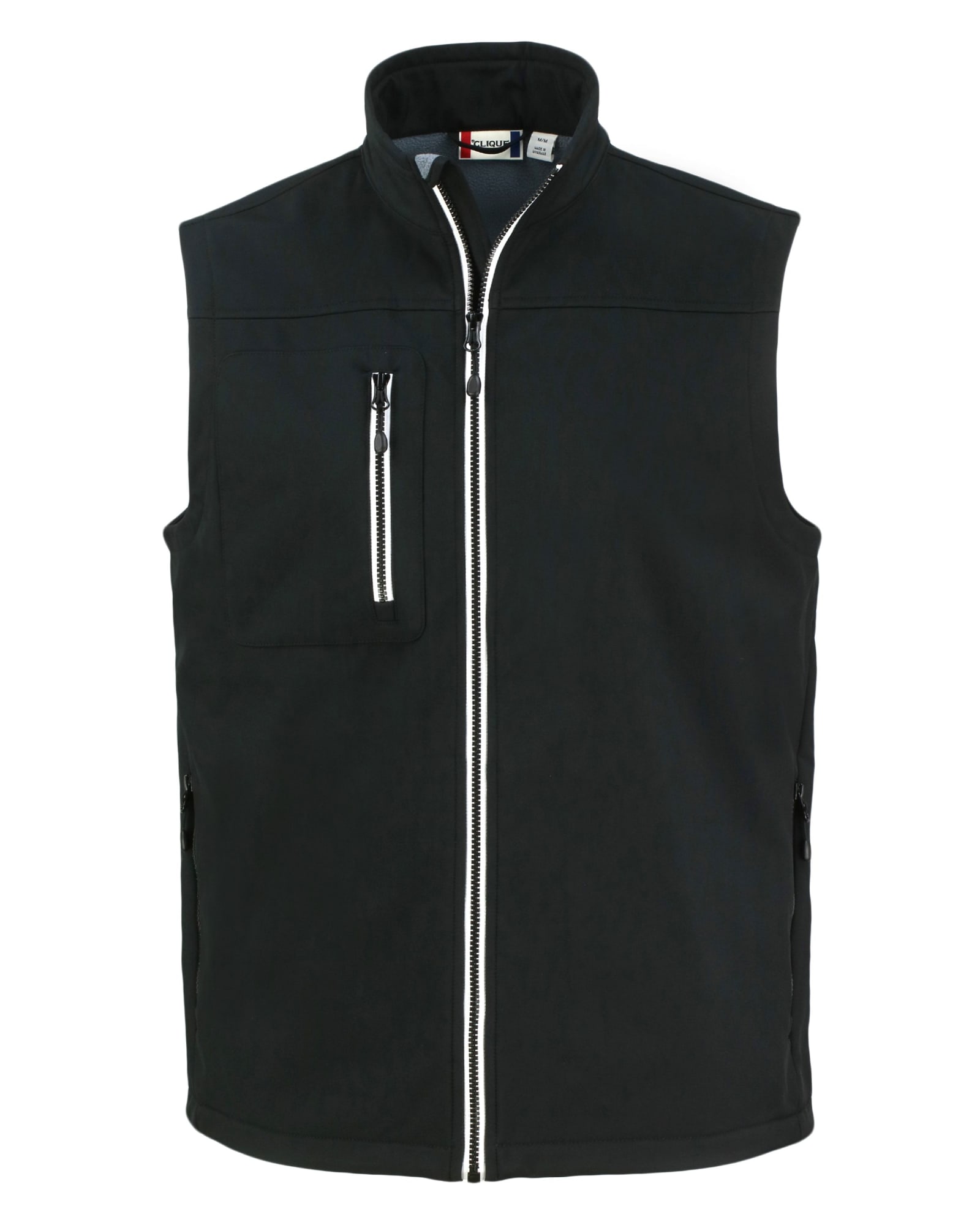 A black Men's Telemark softshell vest with a front zip and multiple pockets, featuring a branding logo.