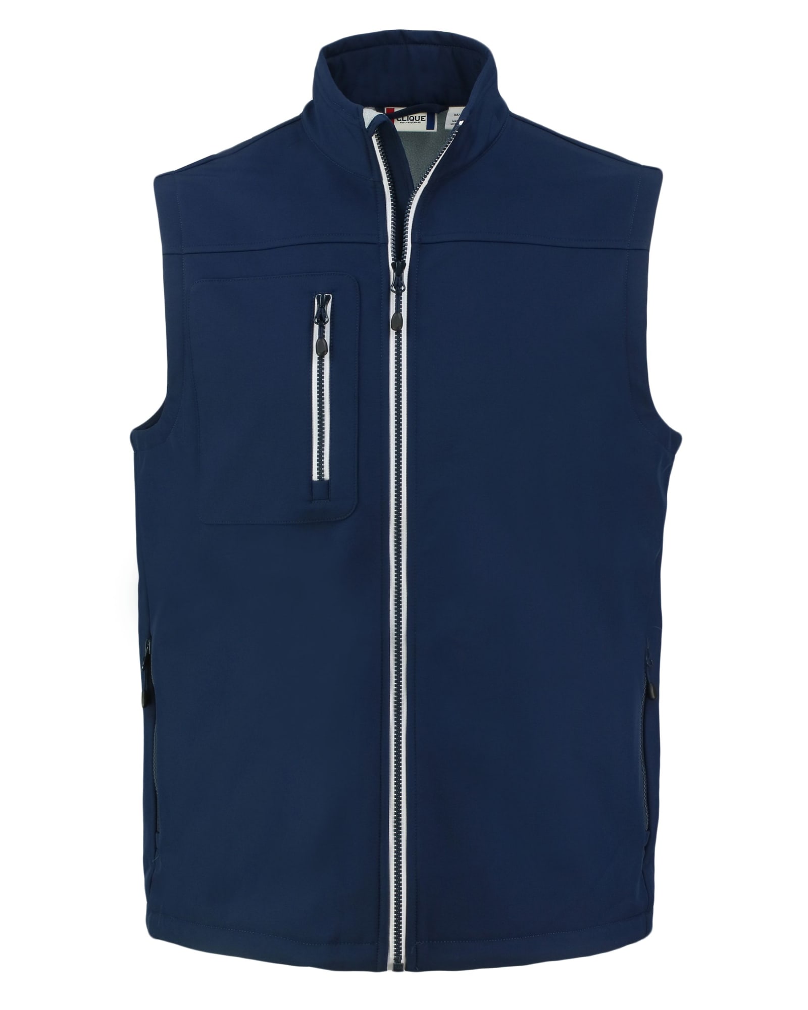 A navy Men’s Telemark Softshell Vest featuring a front zip, side pockets, and a chest pocket with a logo.