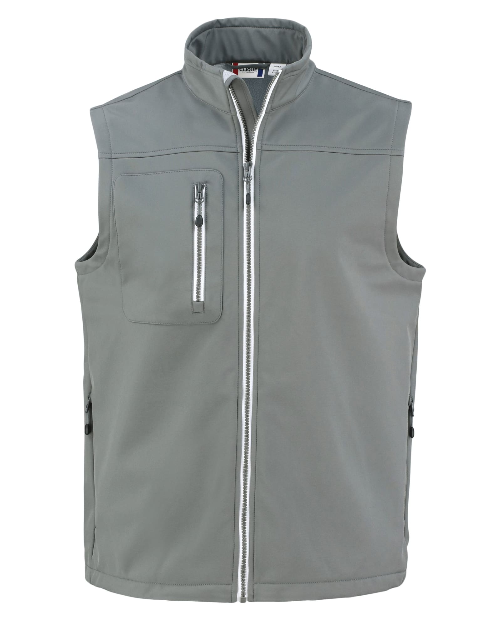 A grey men’s Telemark softshell vest featuring a zip front and a chest pocket, with a logo on the fabric.