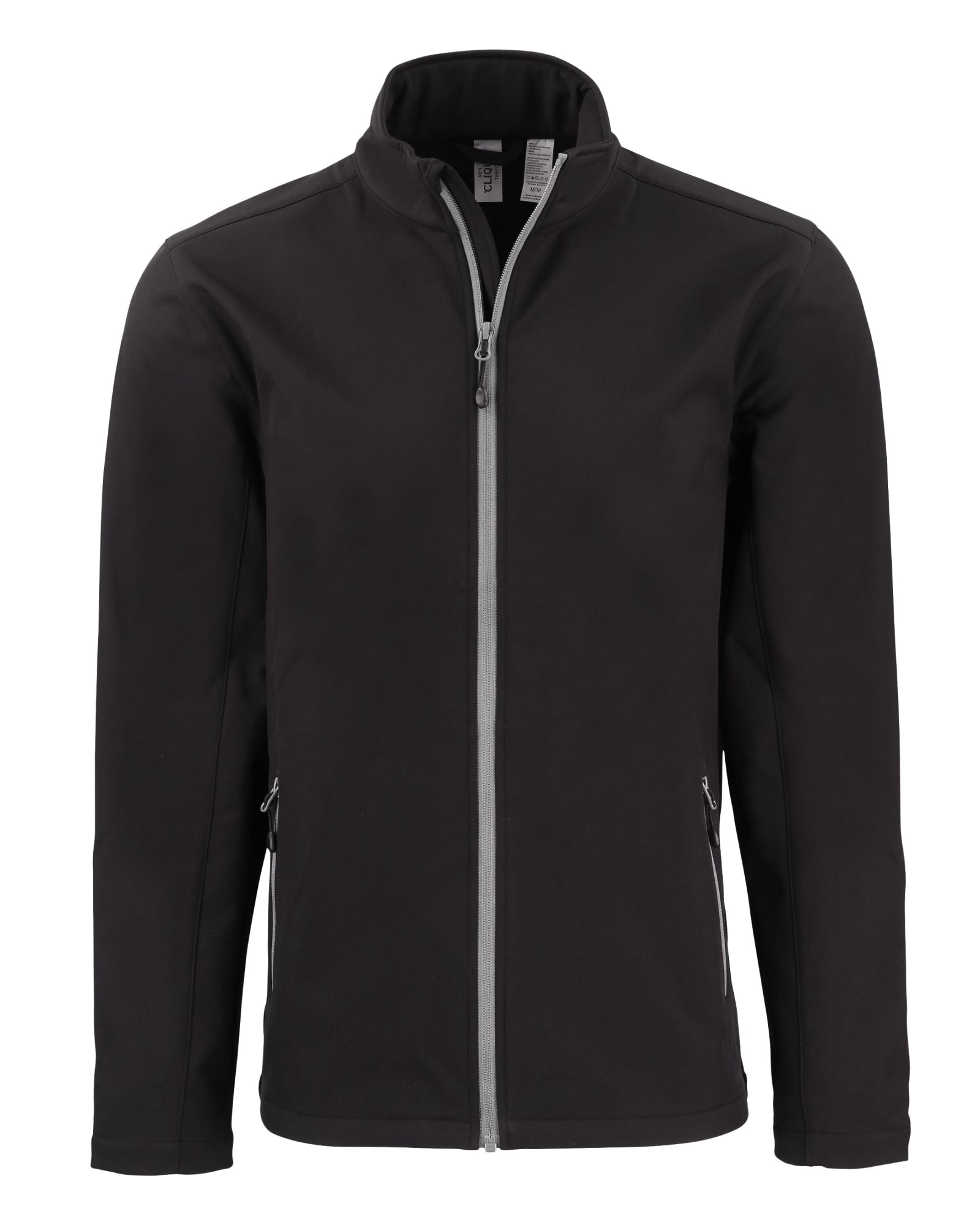 A black soft shell jacket with a zip front, side pockets, and a collar. Features a subtle logo detail.