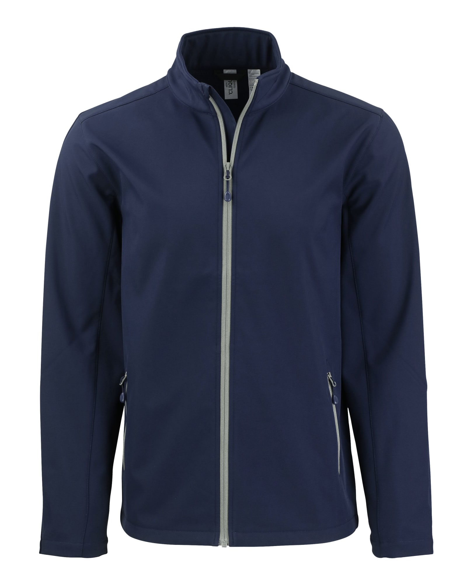 A navy soft shell jacket with a full zip, zippered pockets, and a collared neckline. It features a logo.