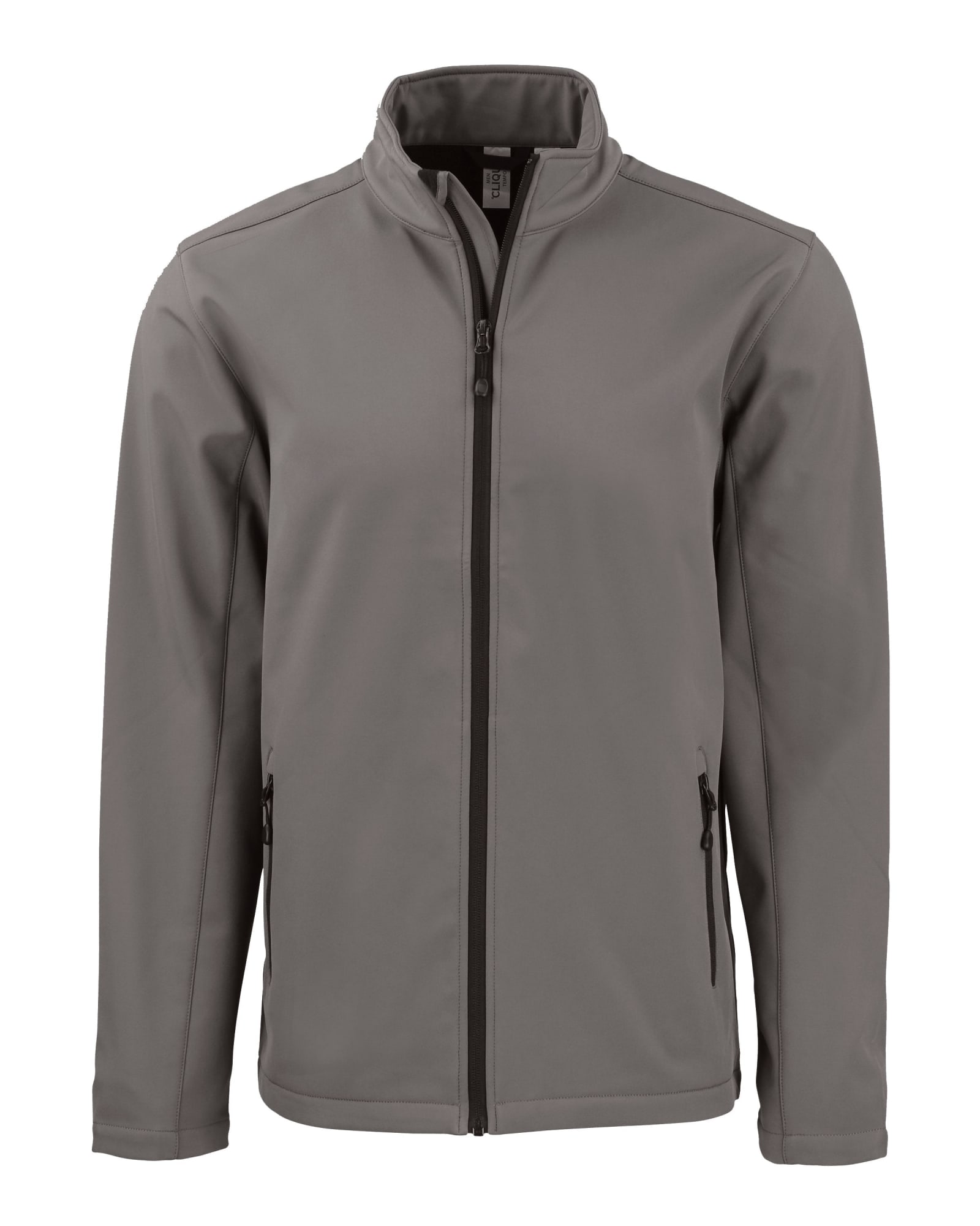 A soft shell jacket in grey with a full front zip and zipped pockets. It features a logo on the chest.