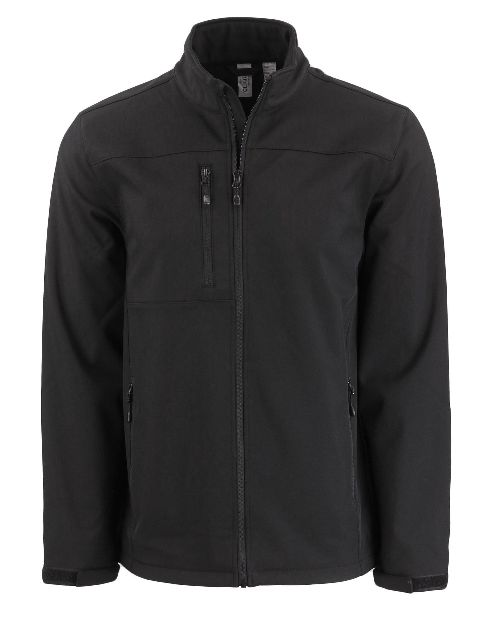 A black men's softshell jacket with a zip front, multiple pockets, and a high collar. Features a logo on the chest.
