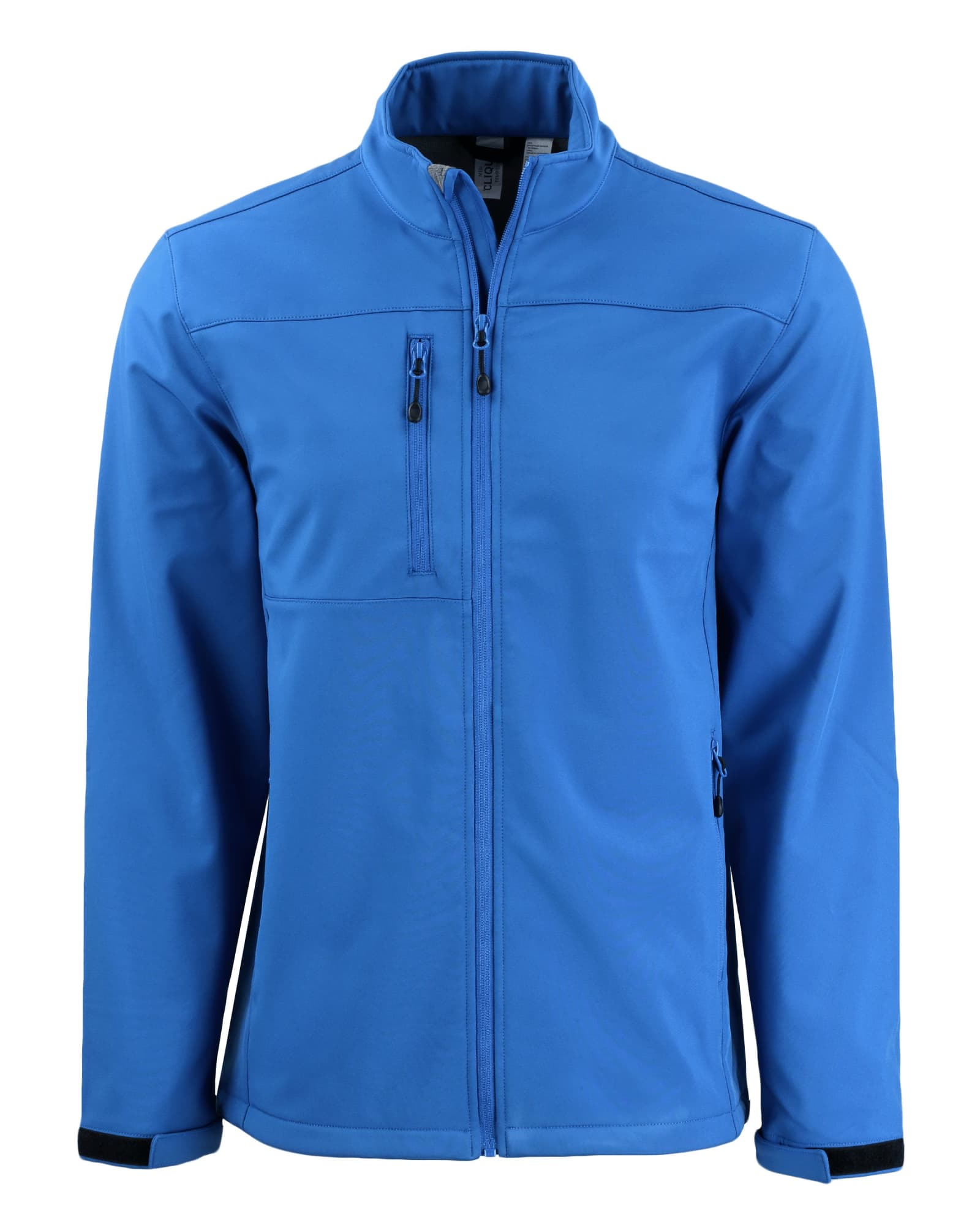 A blue Men's Tempest Eco Softshell Jacket with zippers and a collar, featuring a logo on the chest area.
