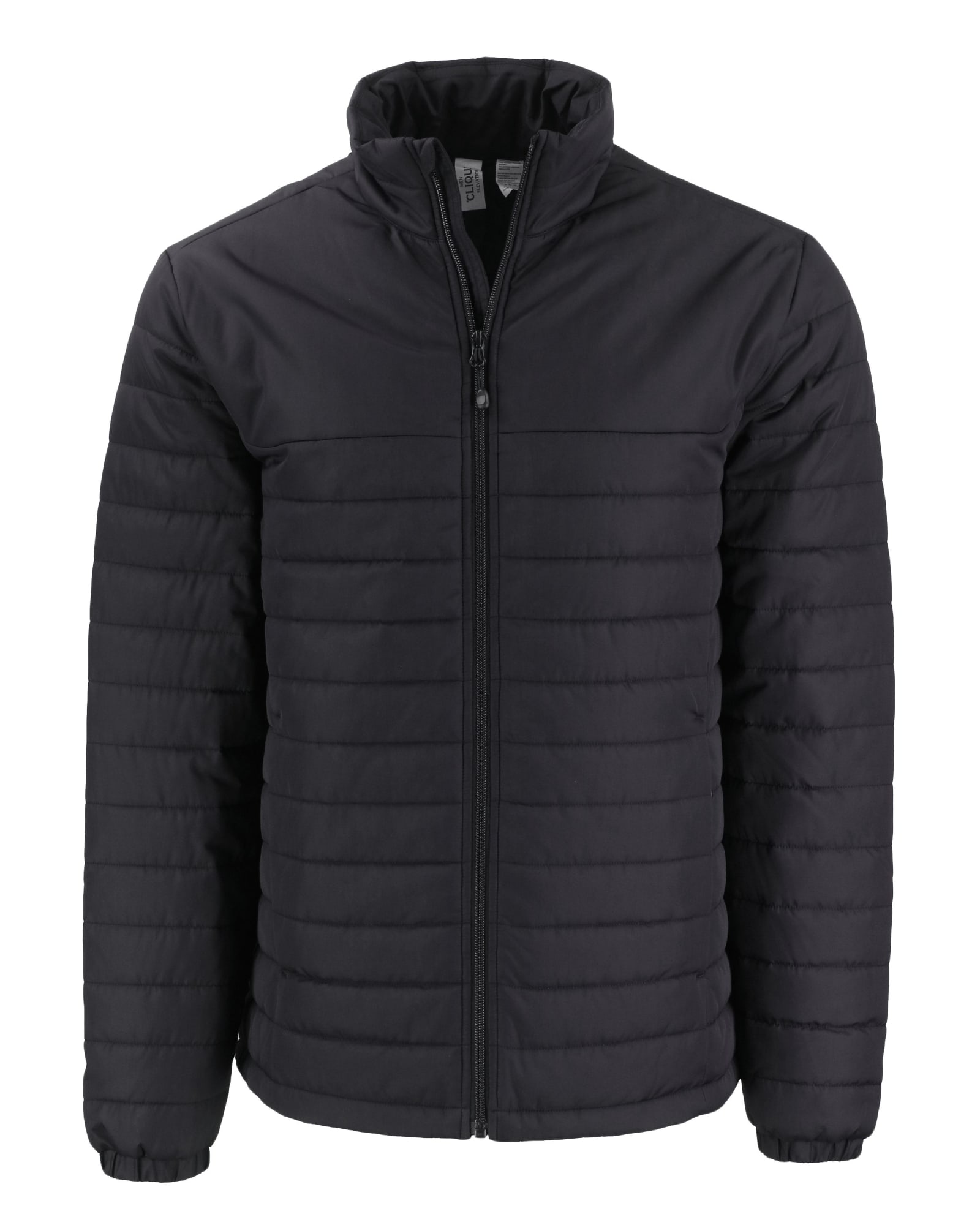 A black men's eco puffer jacket with a zipped front and a high collar, featuring a logo on the chest.
