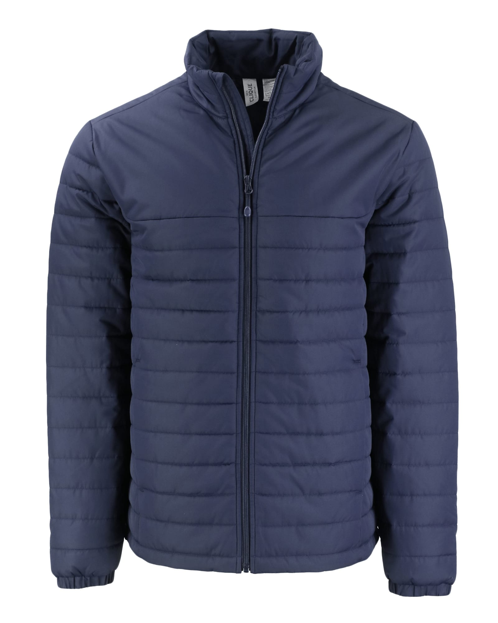 A dark navy puffer jacket with a zip front, featuring a simple design and a collar. It includes a logo.