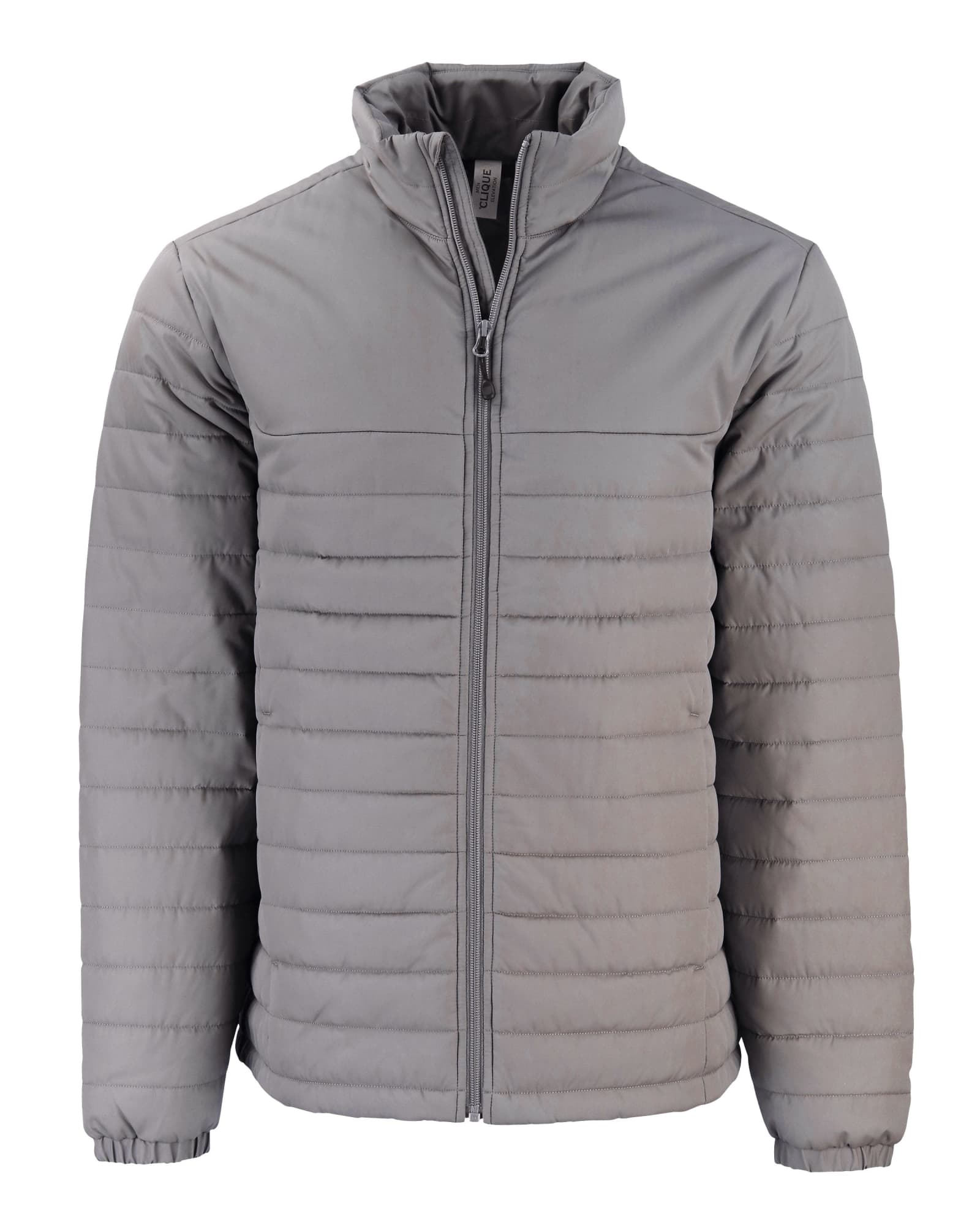 A grey puffer jacket with a full front zip and a high collar, featuring a logo on the chest.