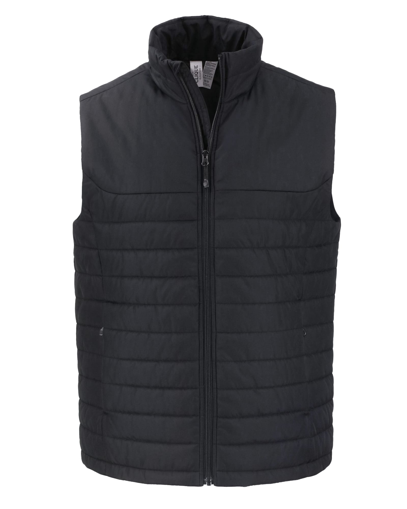 A black puffer vest featuring a zip front and a high collar, with a logo on the chest area.