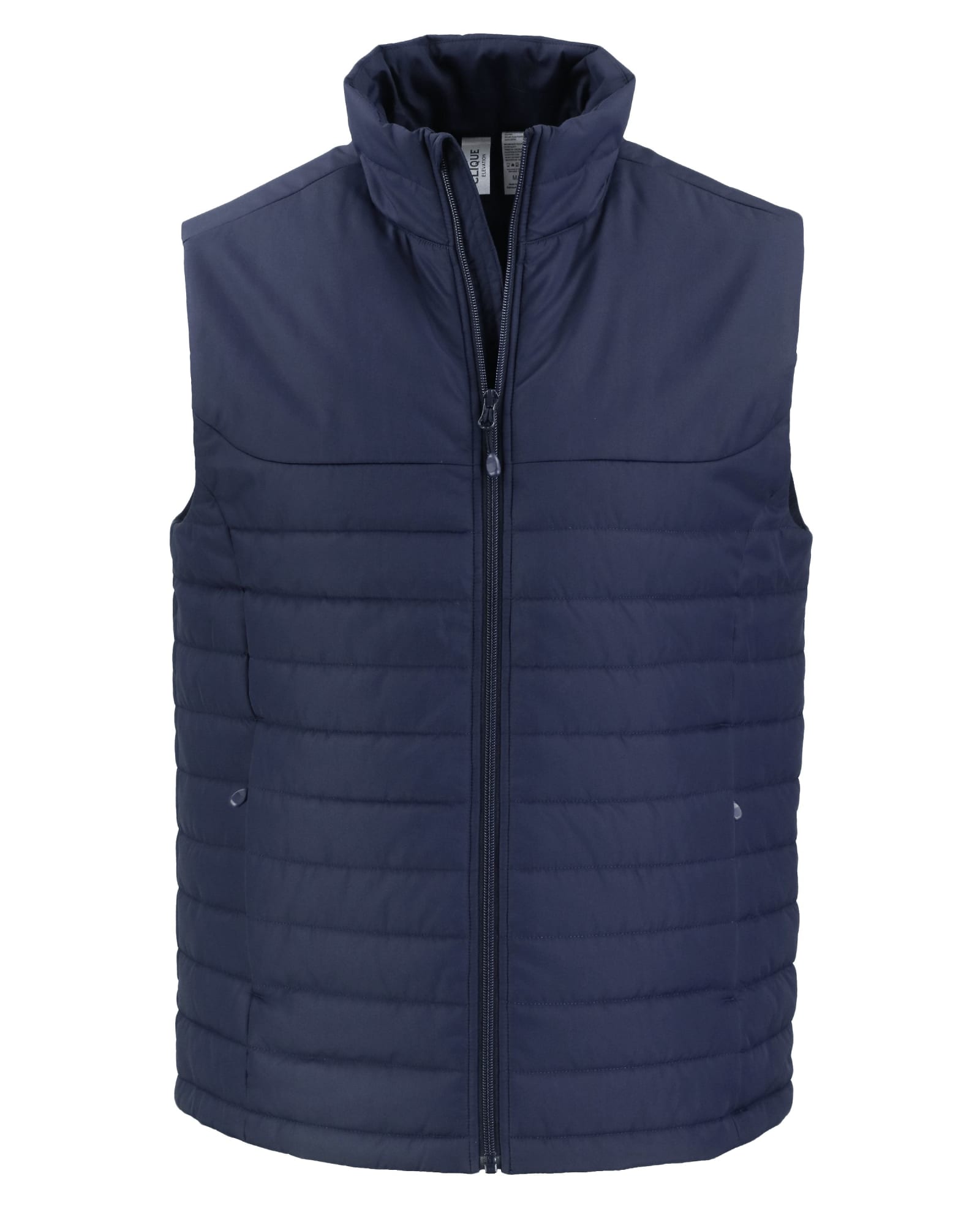 Navy blue men's puffer vest with a zip front, featuring a sleek, quilted design and a stand-up collar.