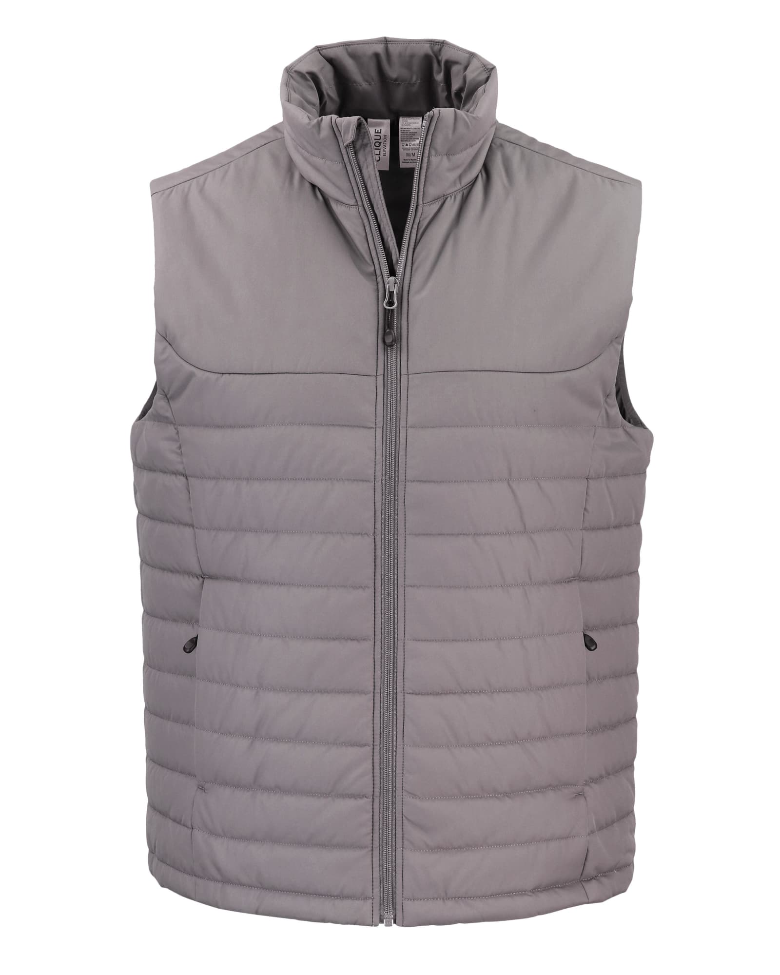 A grey men’s eco puffer vest with a zipped front and high collar, featuring a logo on the chest.