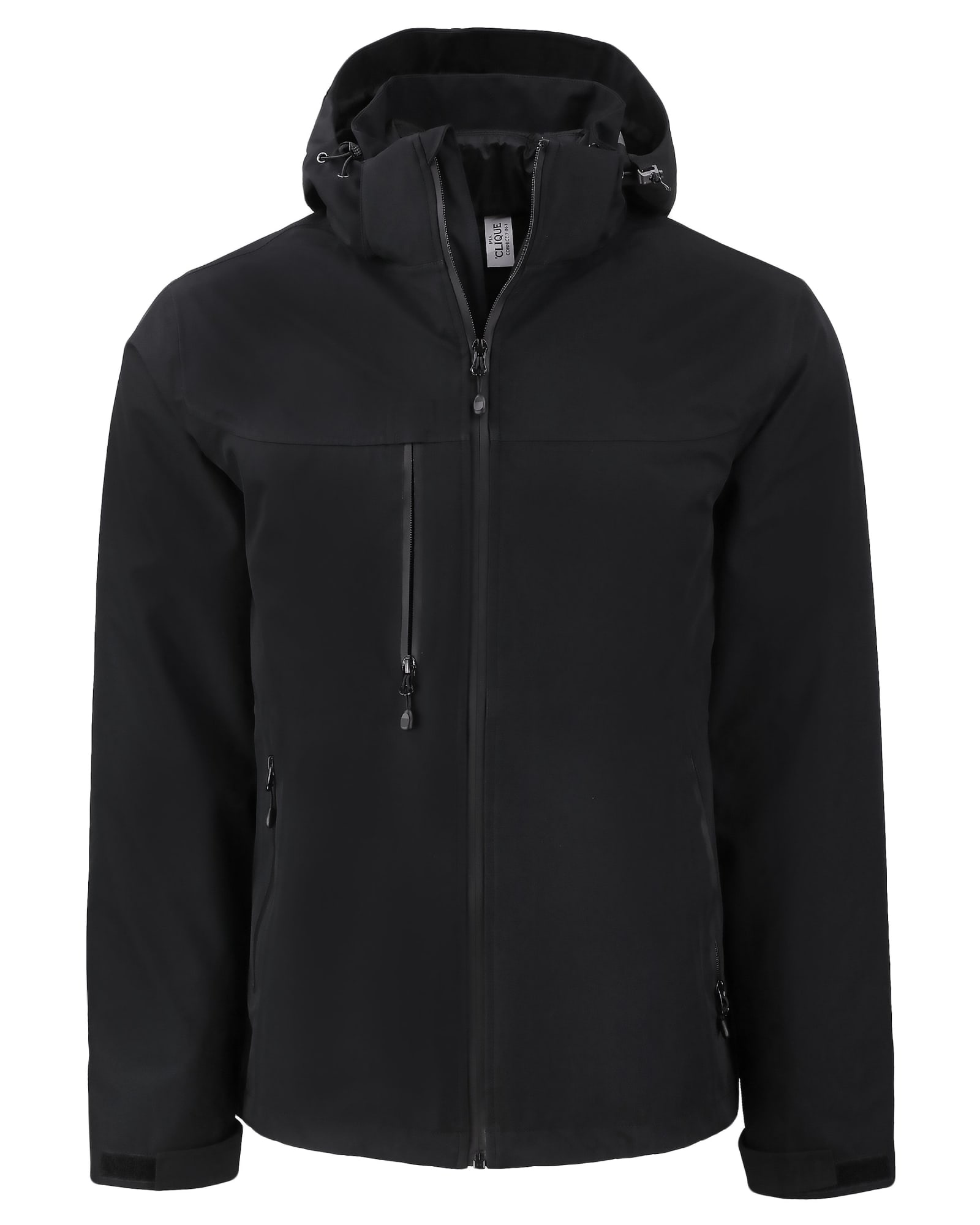A black Men’s Cornice 3-in-1 Eco Systems Parka with a hood and multiple zippered pockets. It features a logo.