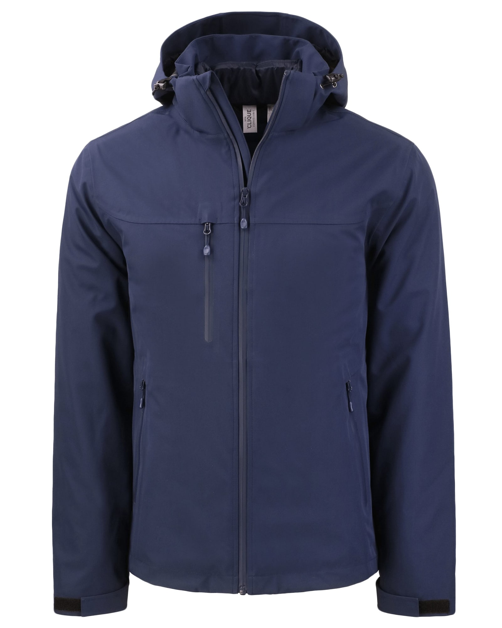 A navy blue Men’s Cornice 3-in-1 Eco Systems Parka jacket with a hood and multiple zip pockets. It features a logo.