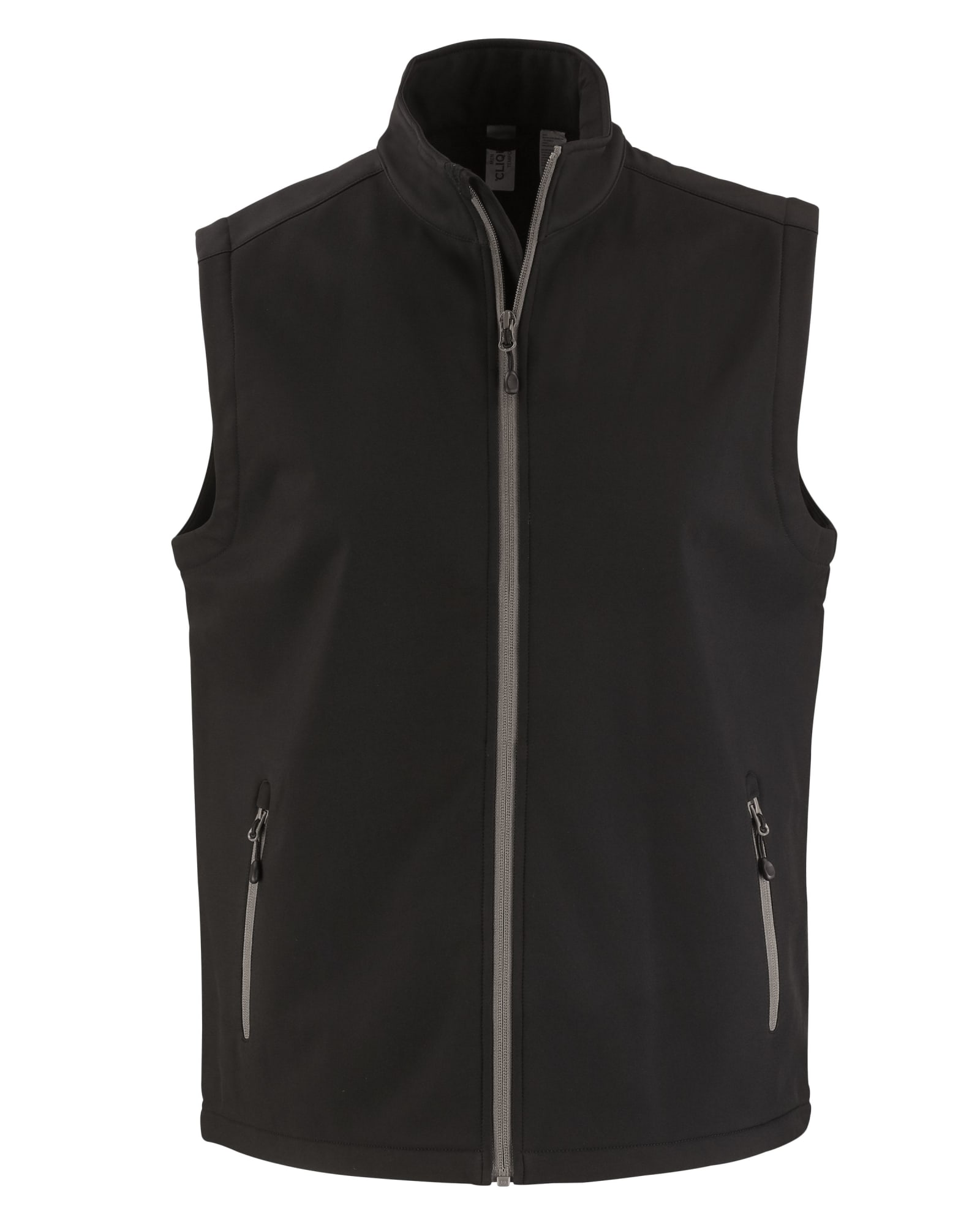 A black eco stretch vest with a stand-up collar and two zippered pockets, featuring a logo on the chest.