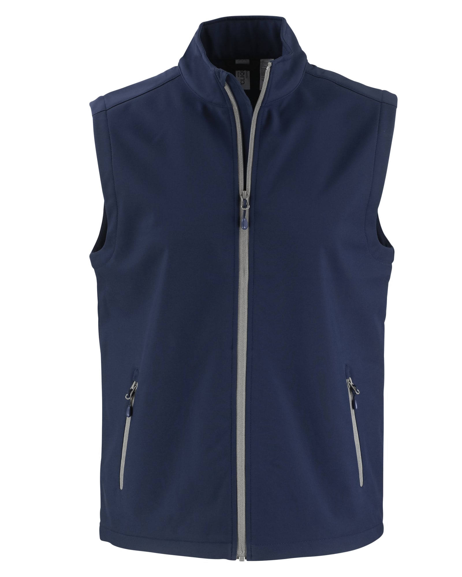 A navy blue men's vest with a zip front and two side pockets. It features a logo on the front.