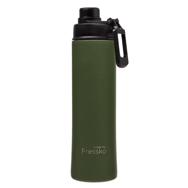 A drink bottle in olive green stainless steel with a black lid and a carry handle. Features a logo on the side.