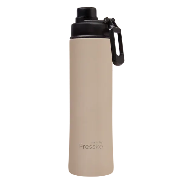 A drink bottle in matte beige with a black lid and a removable carrying handle; it features a logo.