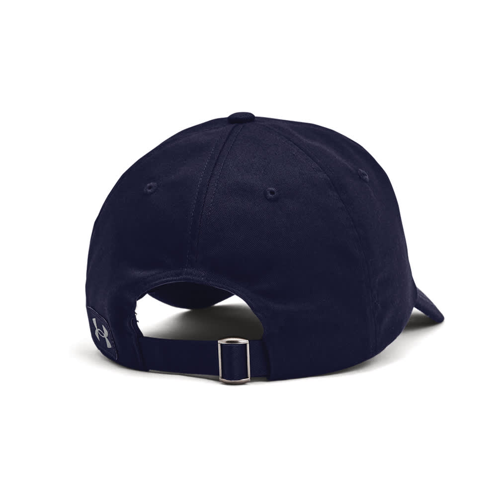 A navy adjustable cap featuring a rear buckle and logo. Ideal for casual wear and outdoor activities.