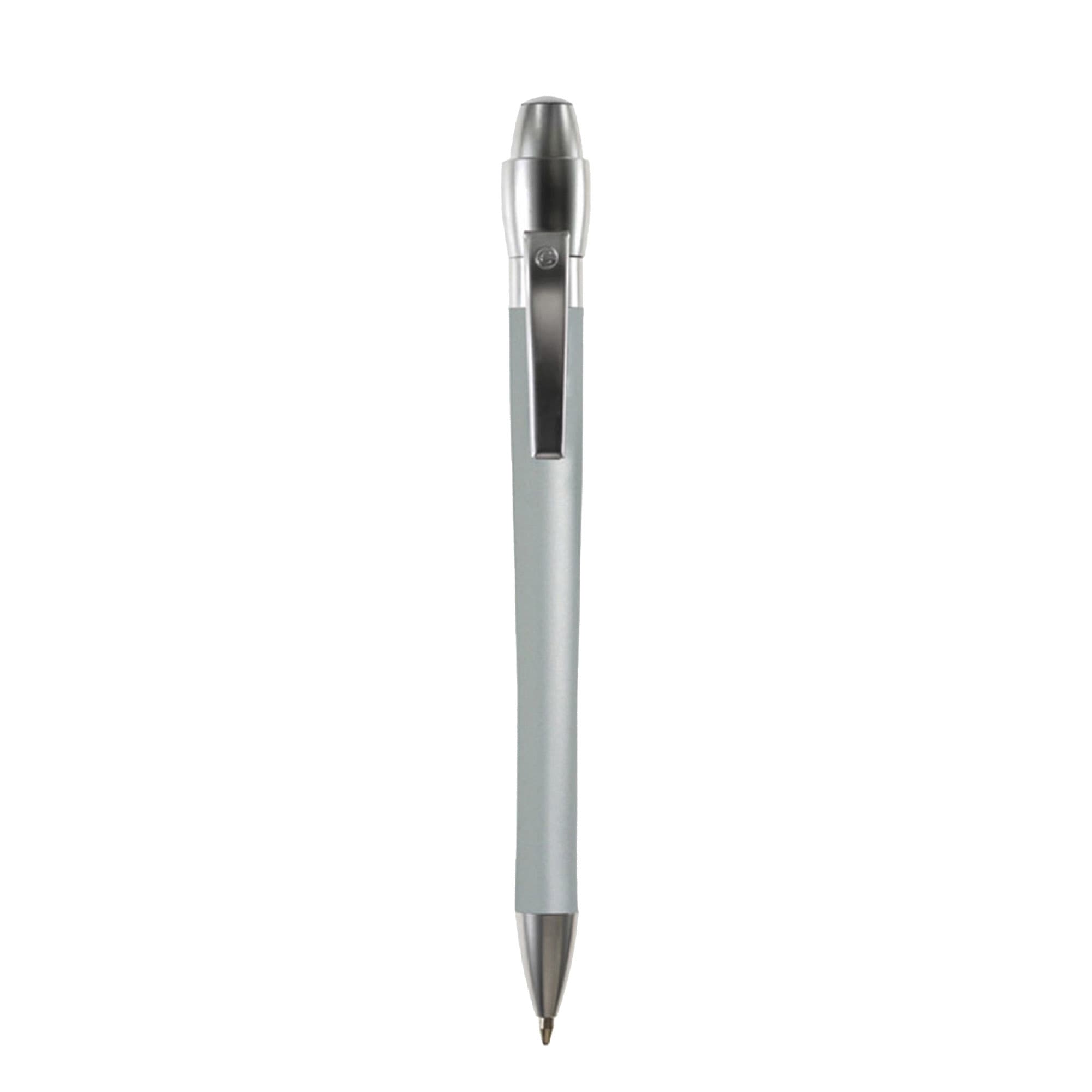 A silver metal pen with a sleek design and a clip, featuring a small logo at the top.