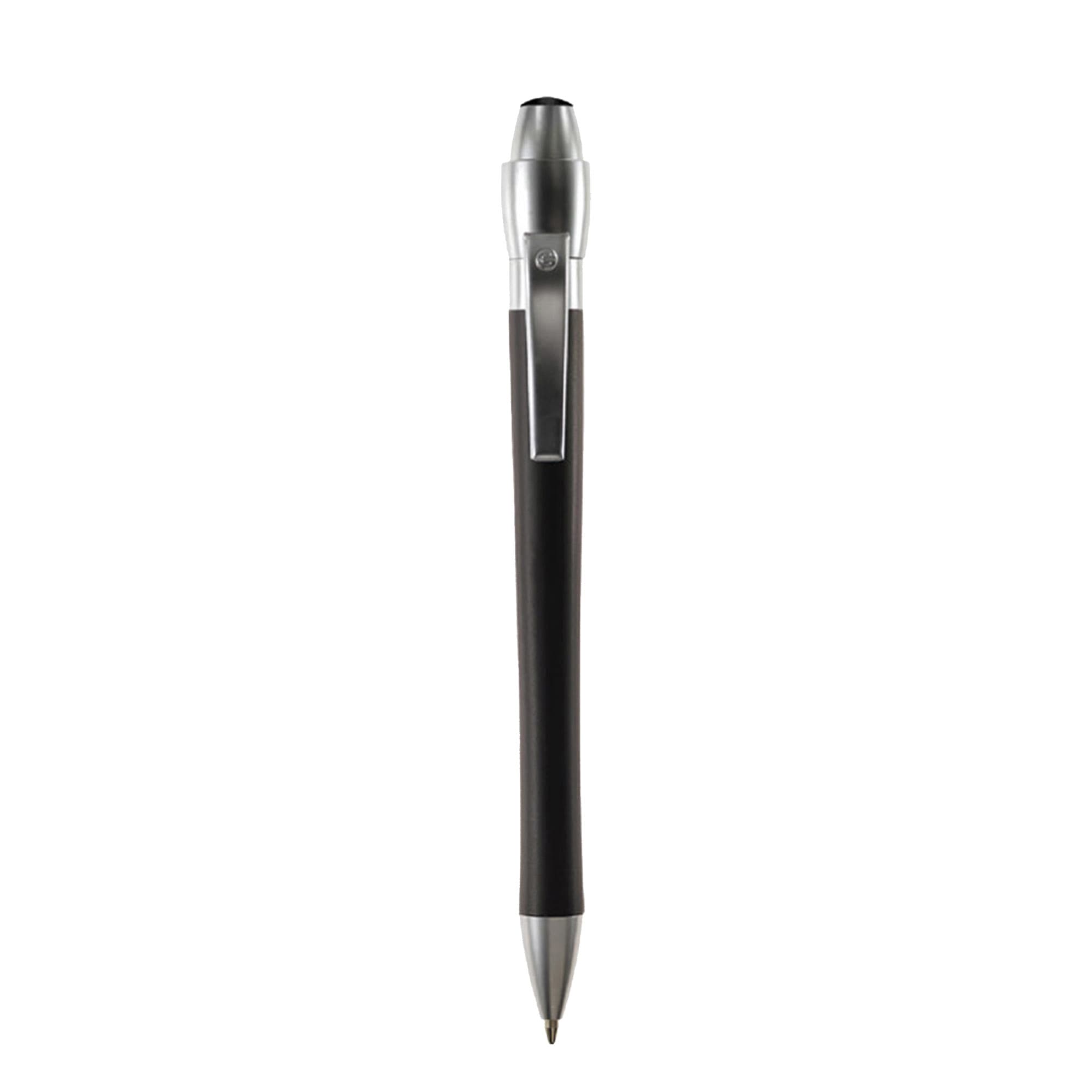 A metal pen featuring a sleek black body and silver accents, with a clip and a logo on the side.