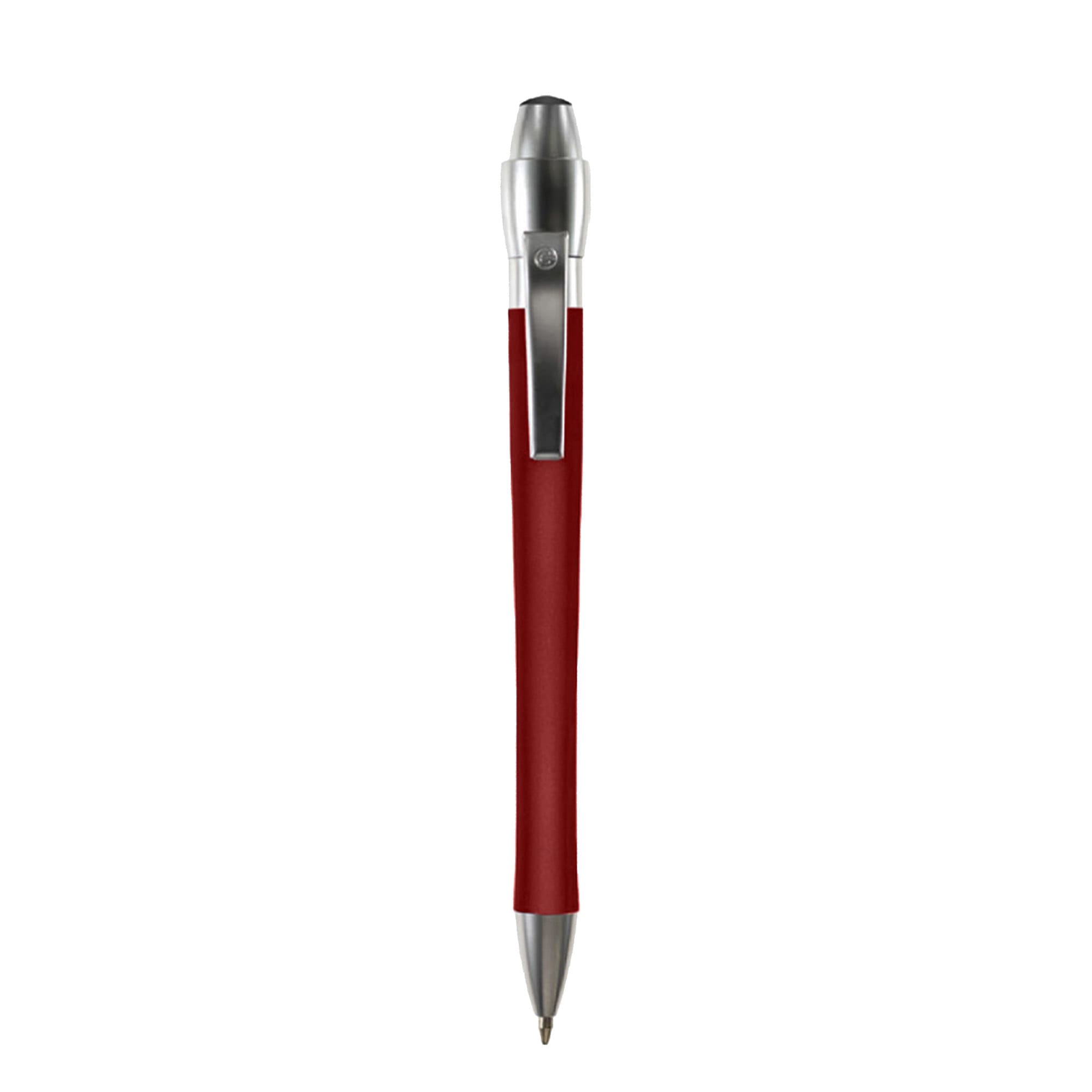 A metal pen in red with a silver clip and a branded logo on the side.