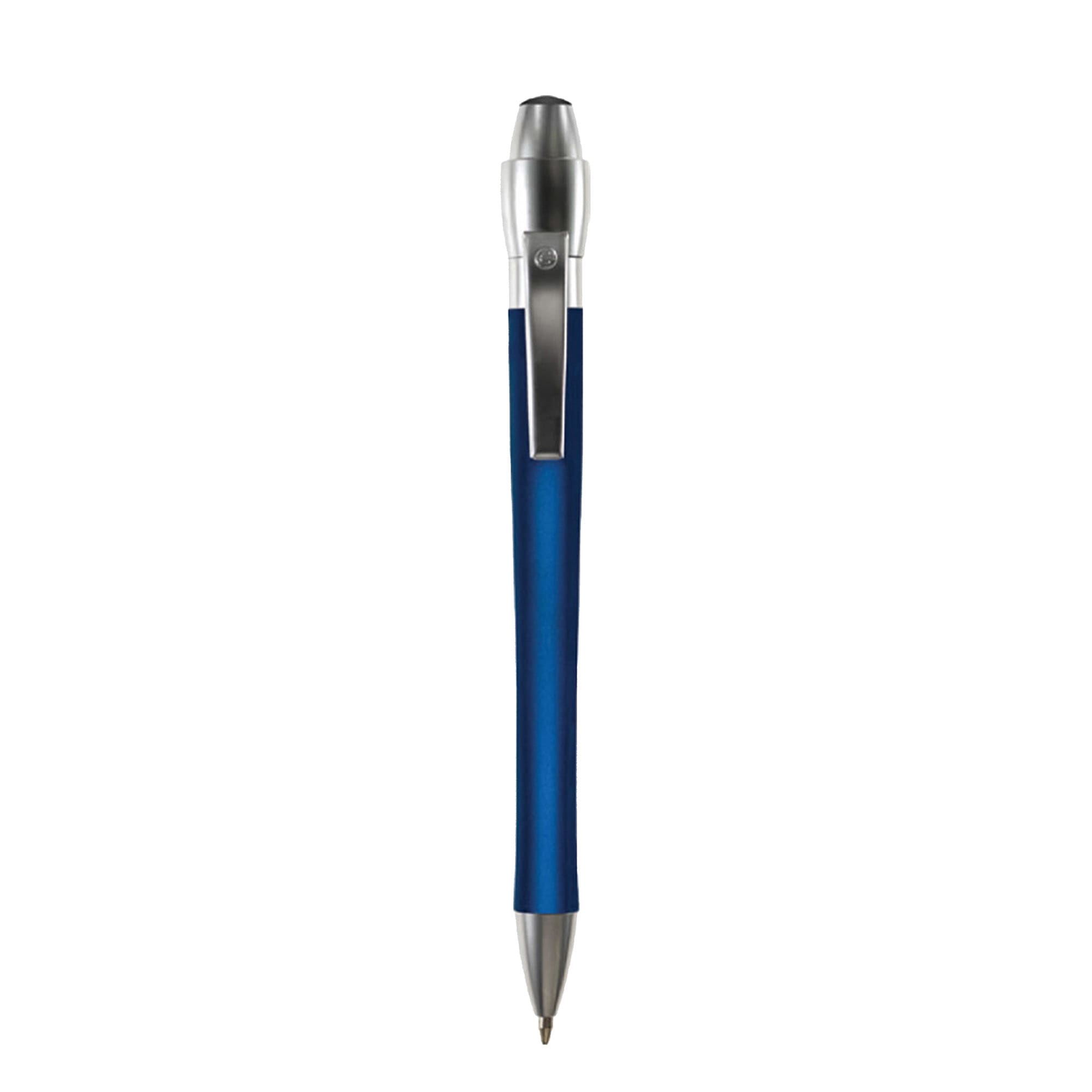 A blue metal pen with a silver clip and tip, featuring a logo on the body.