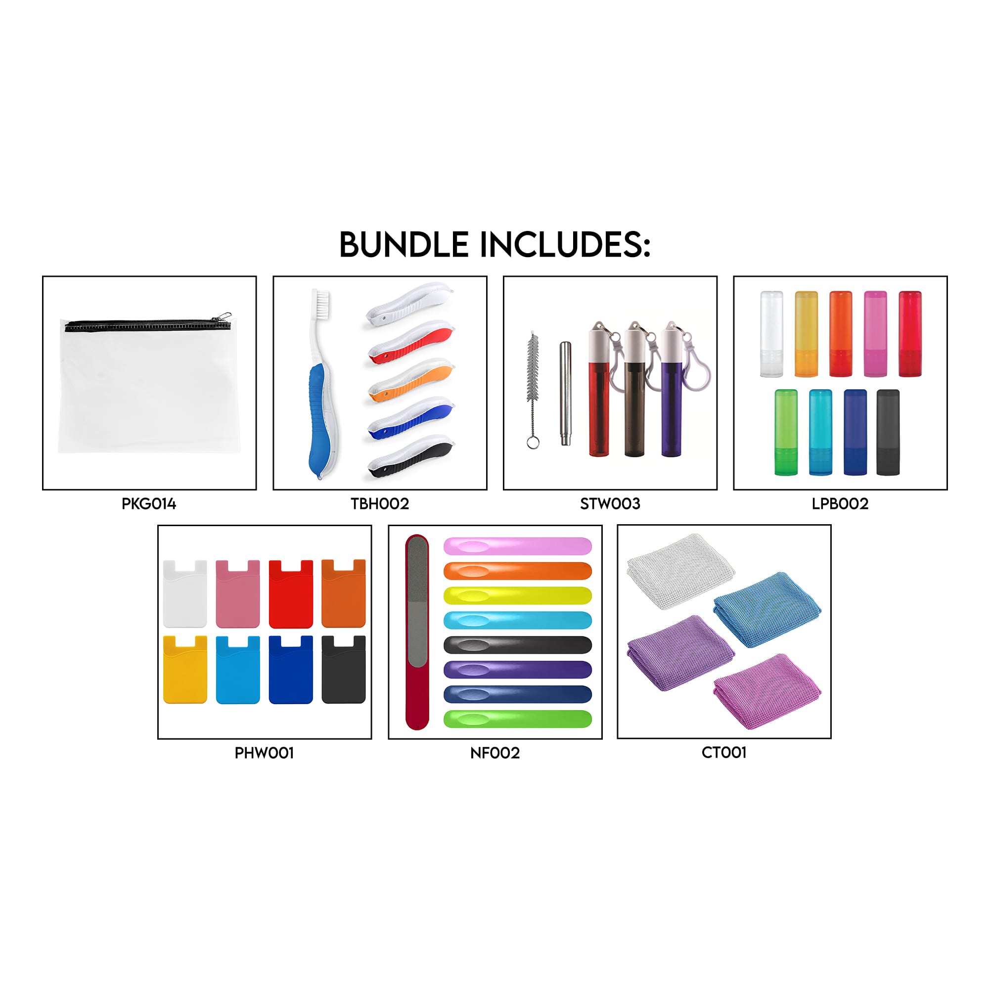A travel bundle including various health and personal care items in multiple colours, with a branded storage pouch.