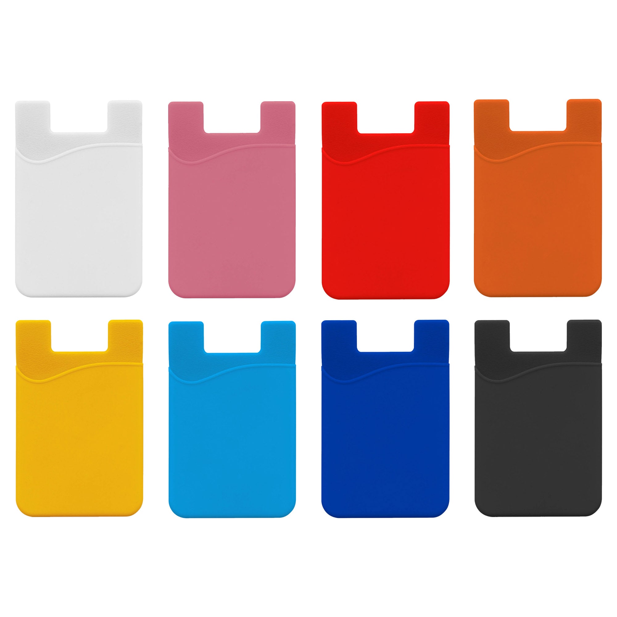 A set of eight credit card-sized holders in white, pink, red, orange, yellow, blue, black, and a curved design.