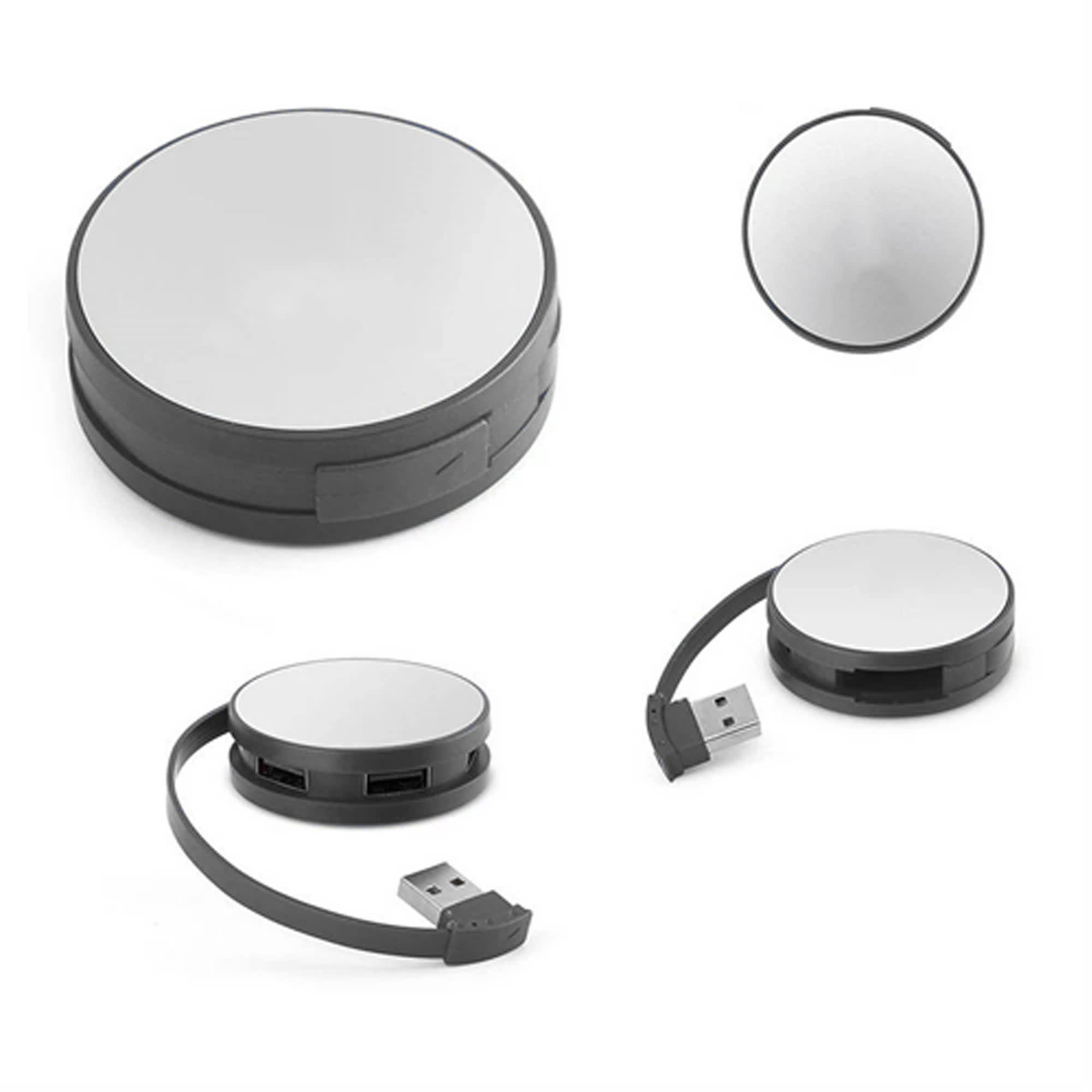 A round, black and silver USB hub featuring multiple ports and a retractable cable. Includes branding.