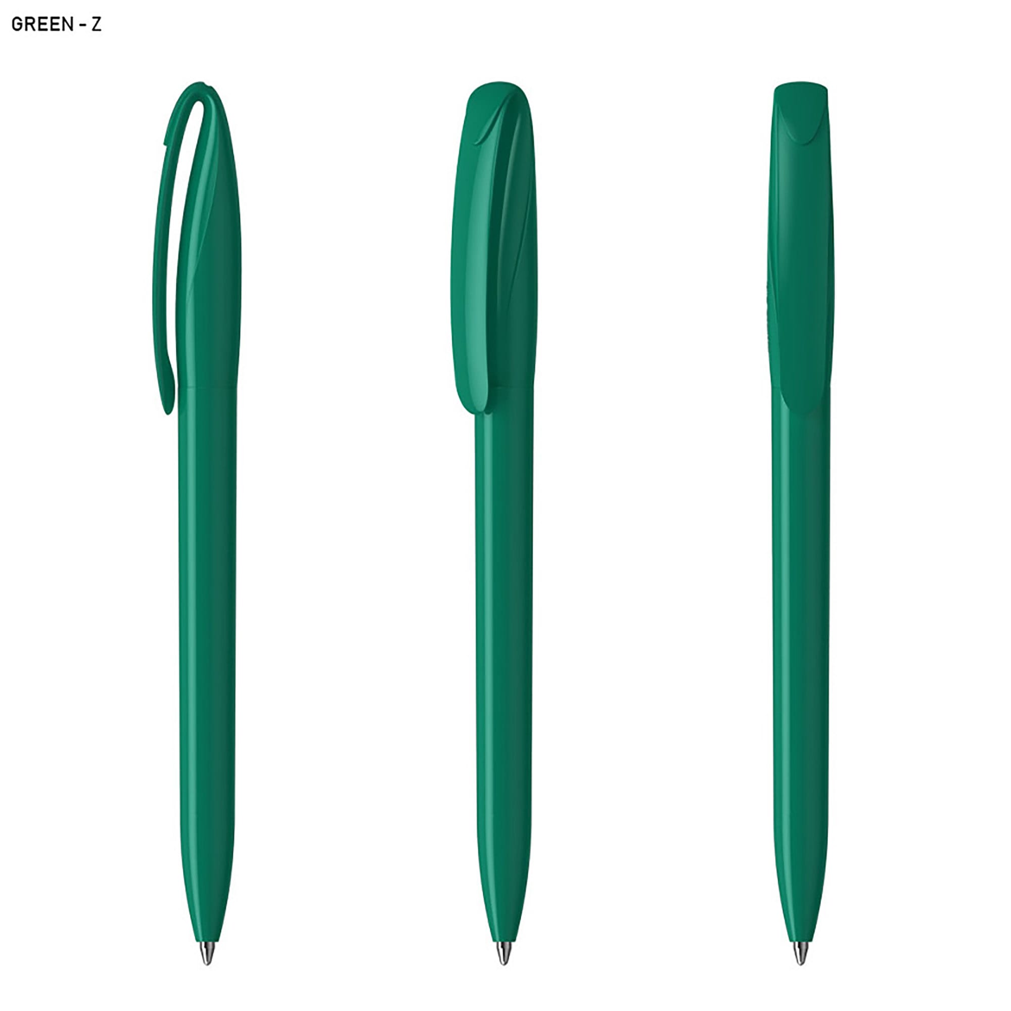 A set of green plastic pens, featuring a sleek design and clip for easy attachment. Each pen has a smooth body.