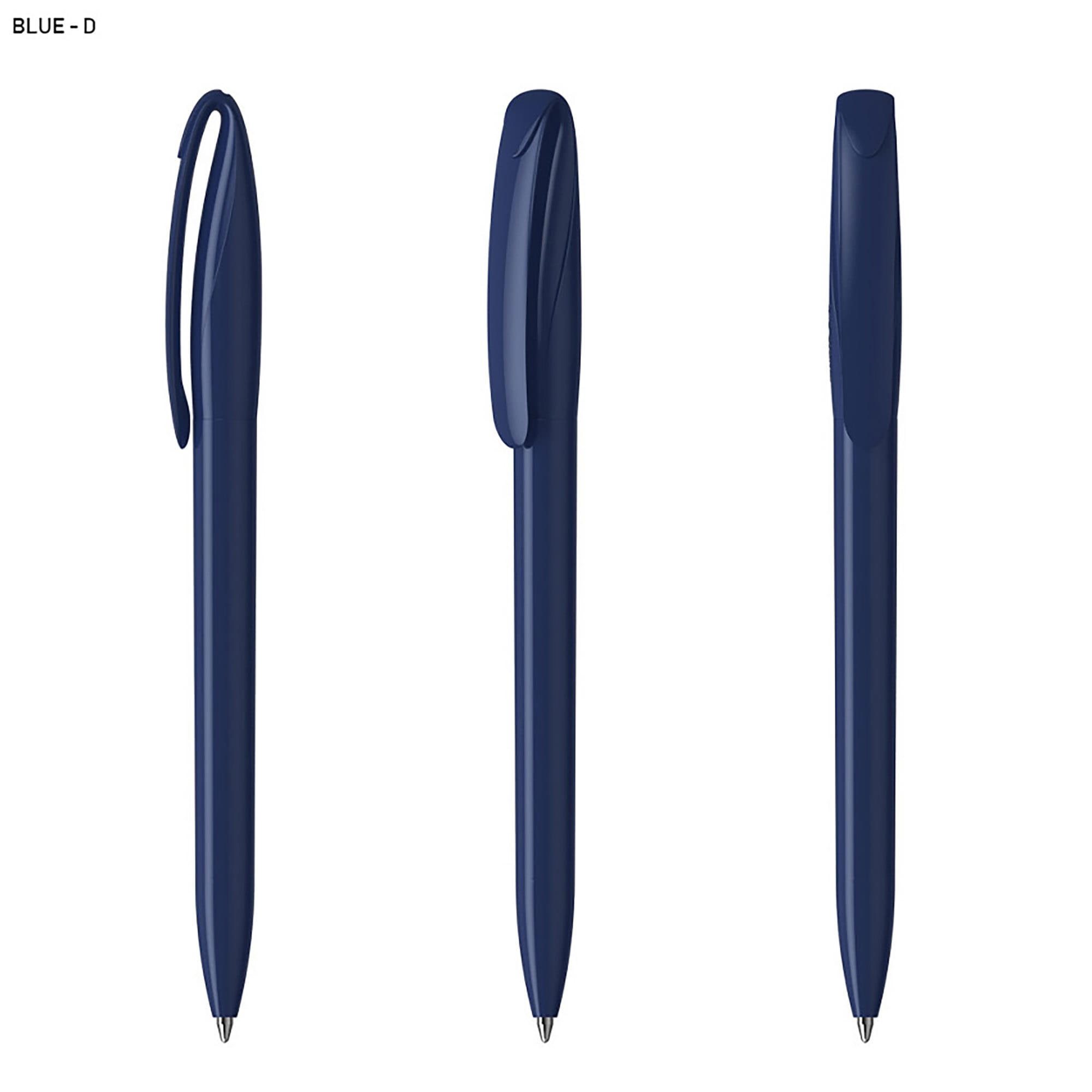 A set of navy blue plastic pens with a sleek design and clip feature, showcasing three different angles.