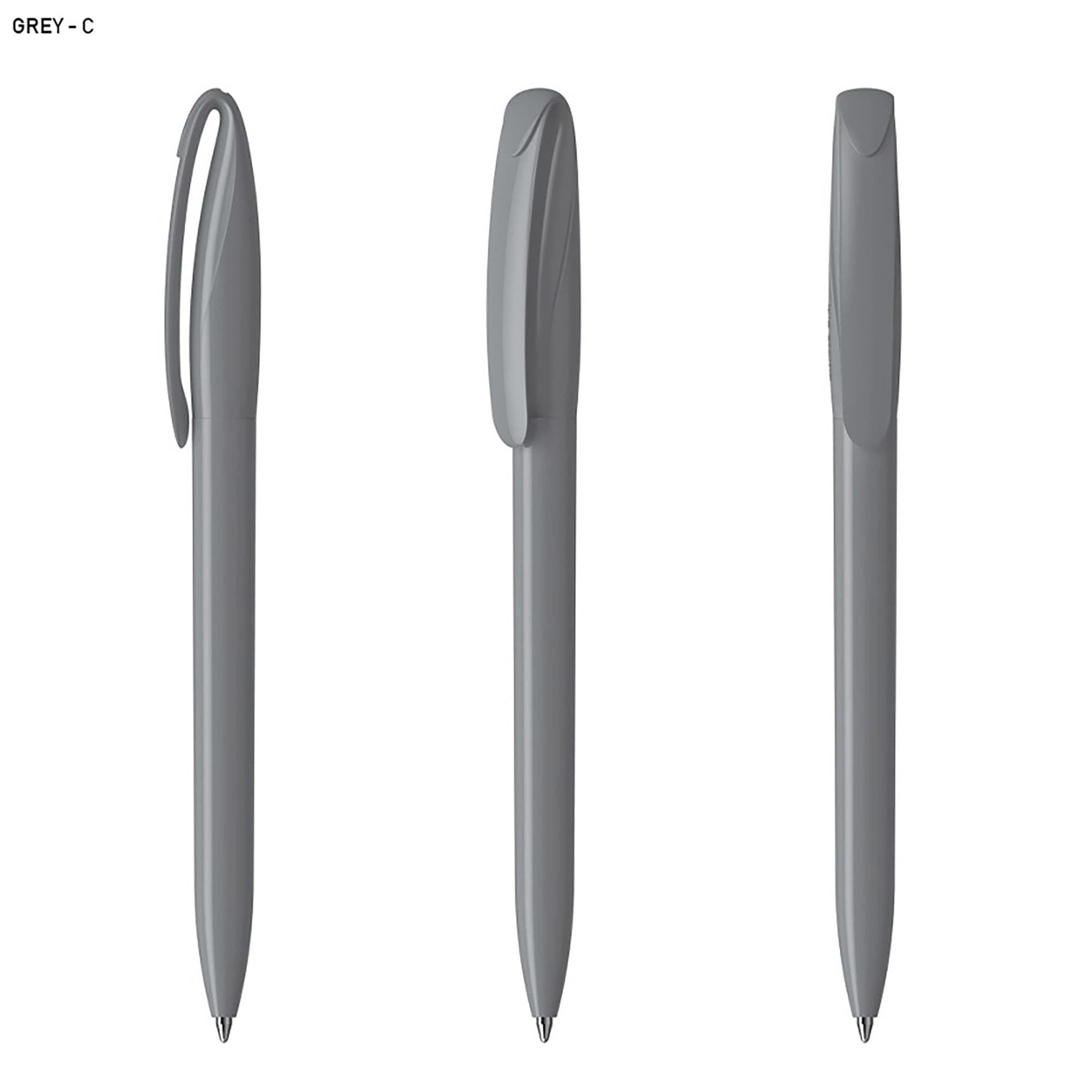 A grey plastic pen with a smooth curved design, featuring a clip and rounded tip, displayed from multiple angles.