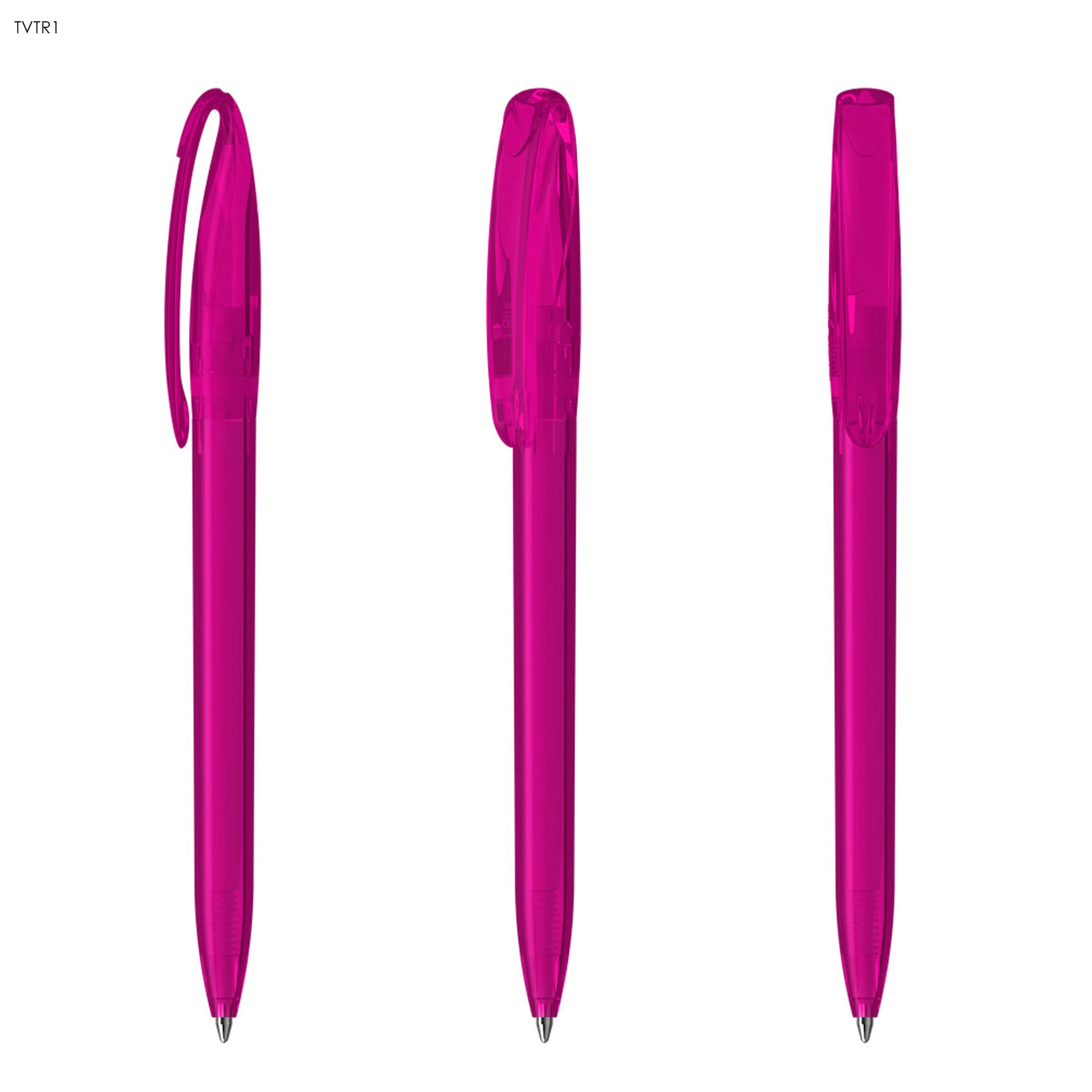 Three pink plastic pens with transparent barrels, each featuring a clip and a refined design.