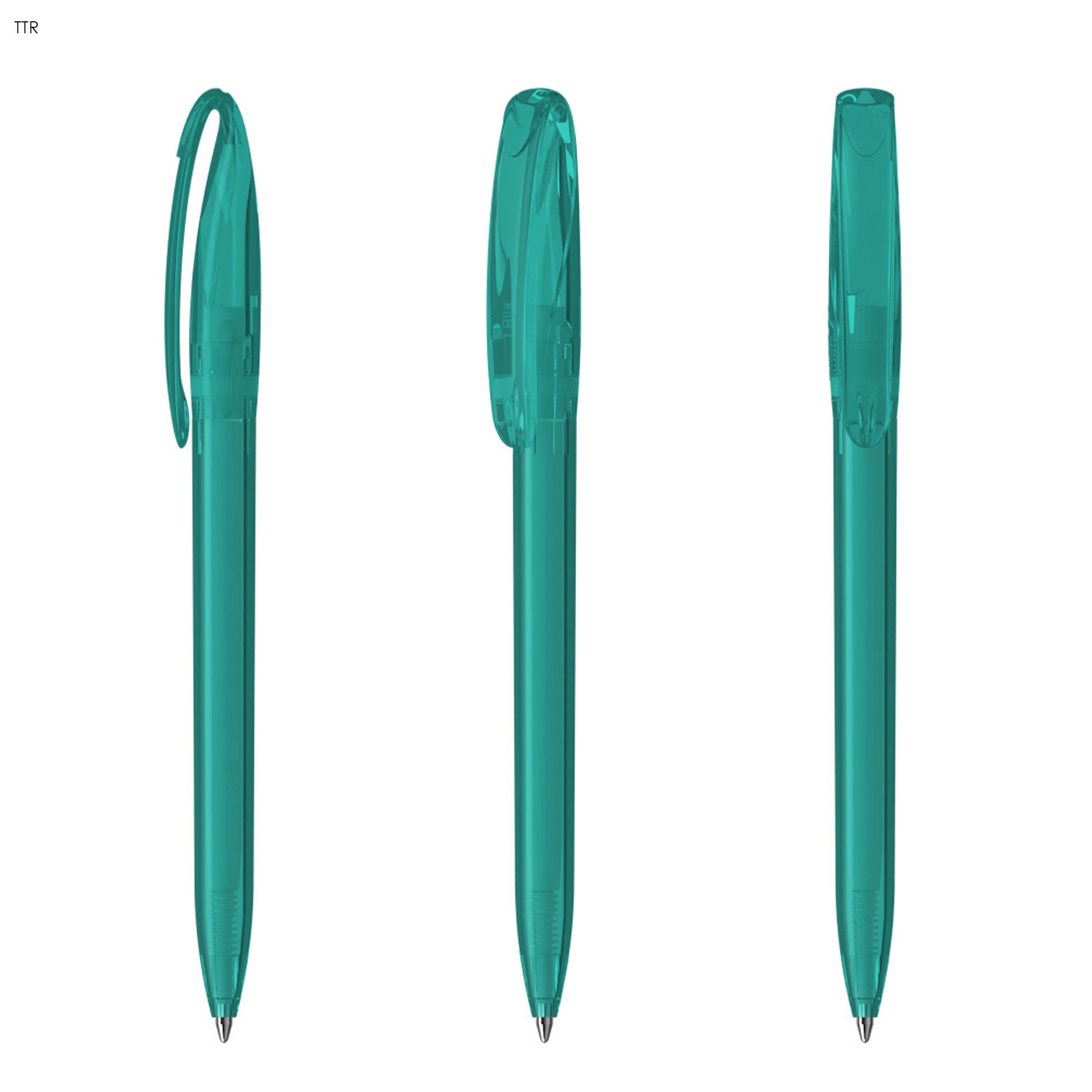 A set of three plastic pens in transparent teal, featuring clip closures and smooth barrel designs.